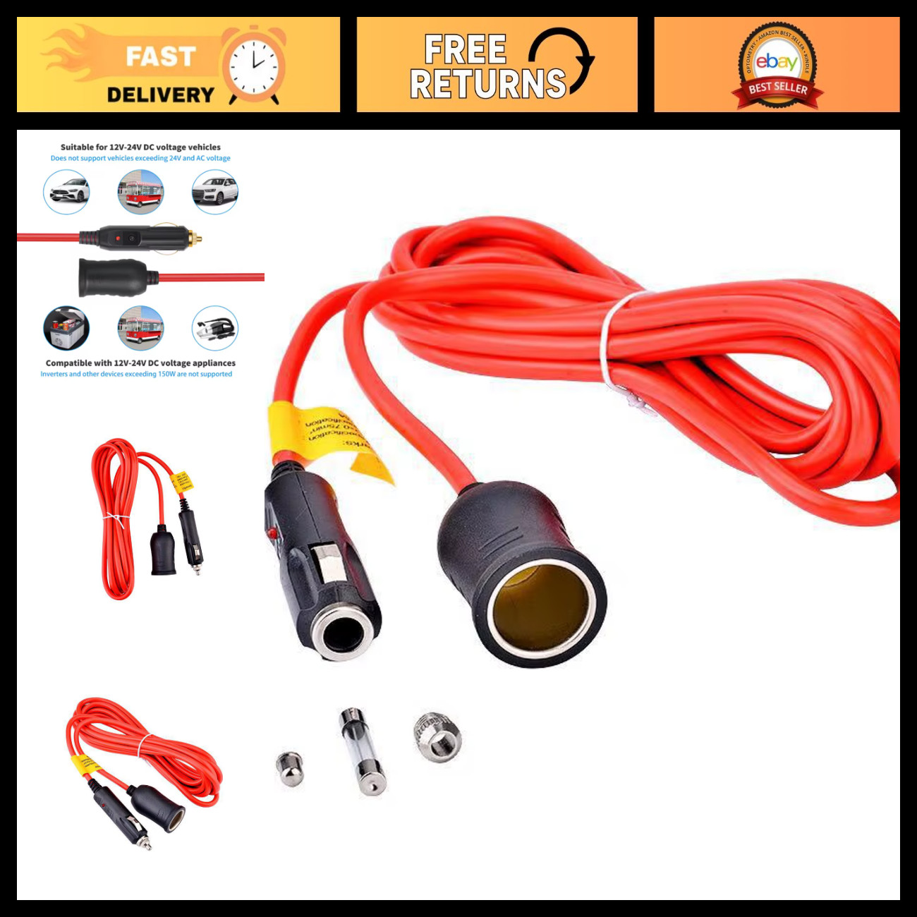 Car Power Adapter Extender 3.6m Cable 12V 24V Auto Charger Cigar Lighter Socket