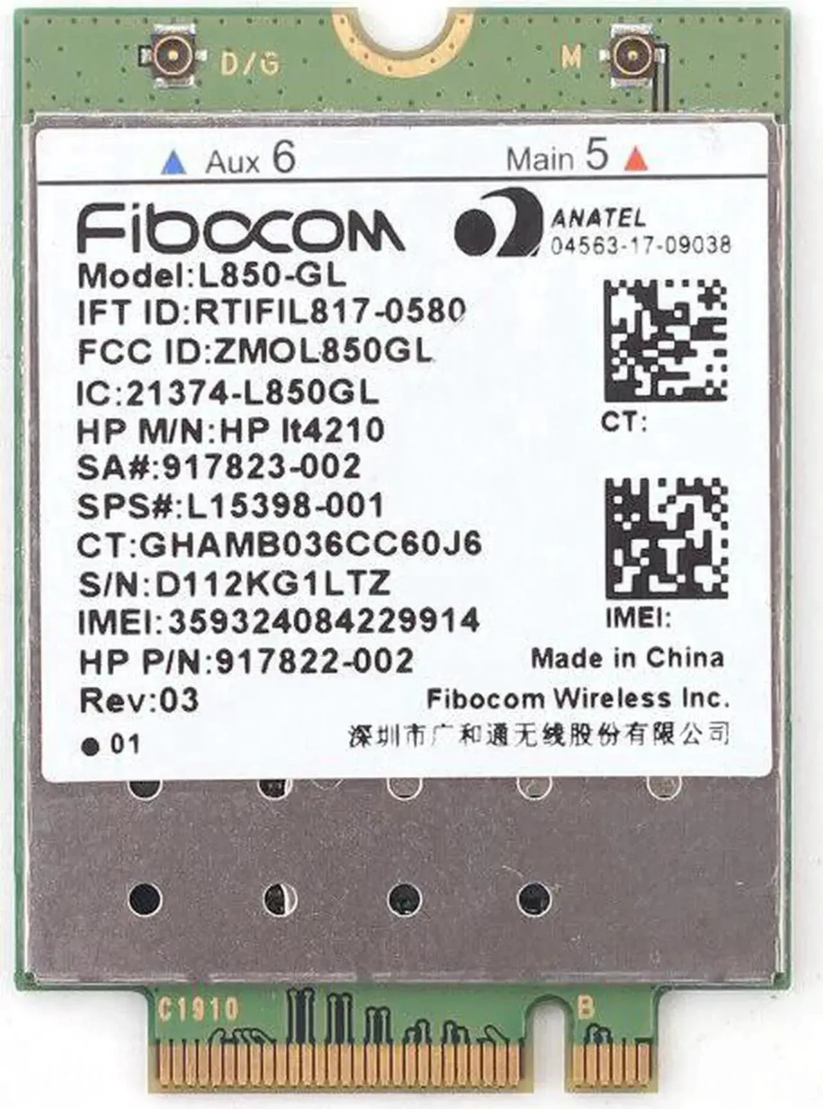 HP Lt4210 WWAN Fibocom L850-GL w/GPS LTE/HSPA+ M.2 XMM 7360 LTE-A PN# L15398-001
