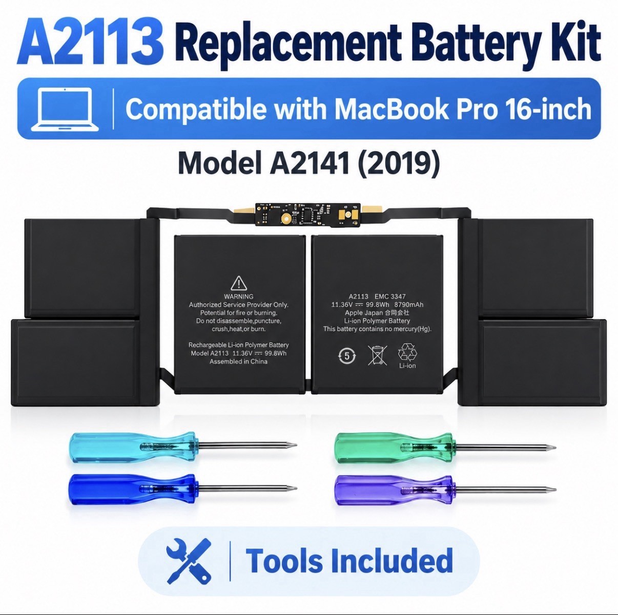 A2113 A2141 Battery for MacBook Pro 16” 2019 EMC 3347 99.8Wh Replacement Kit