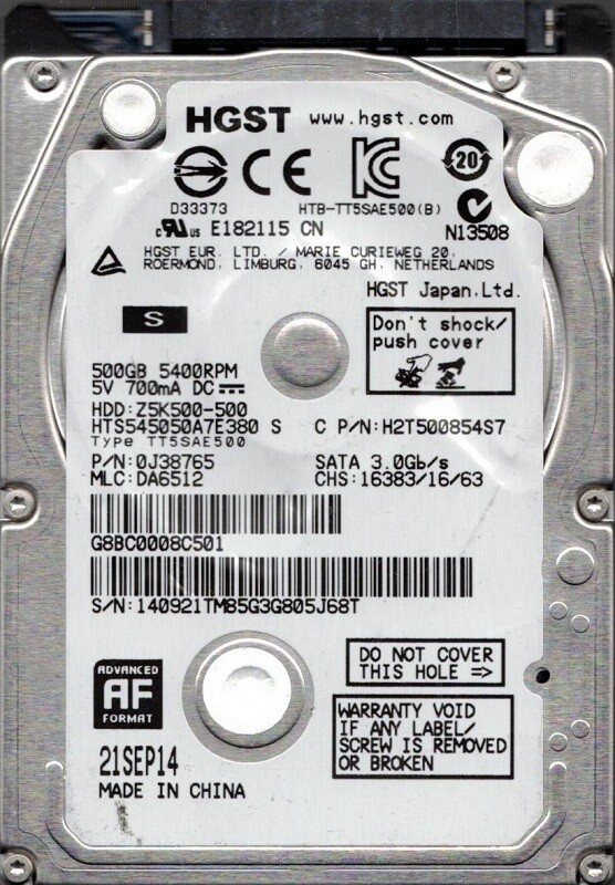 HTS545050A7E380 MLC: DA6512 P/N: 0J38765 500GB HGST