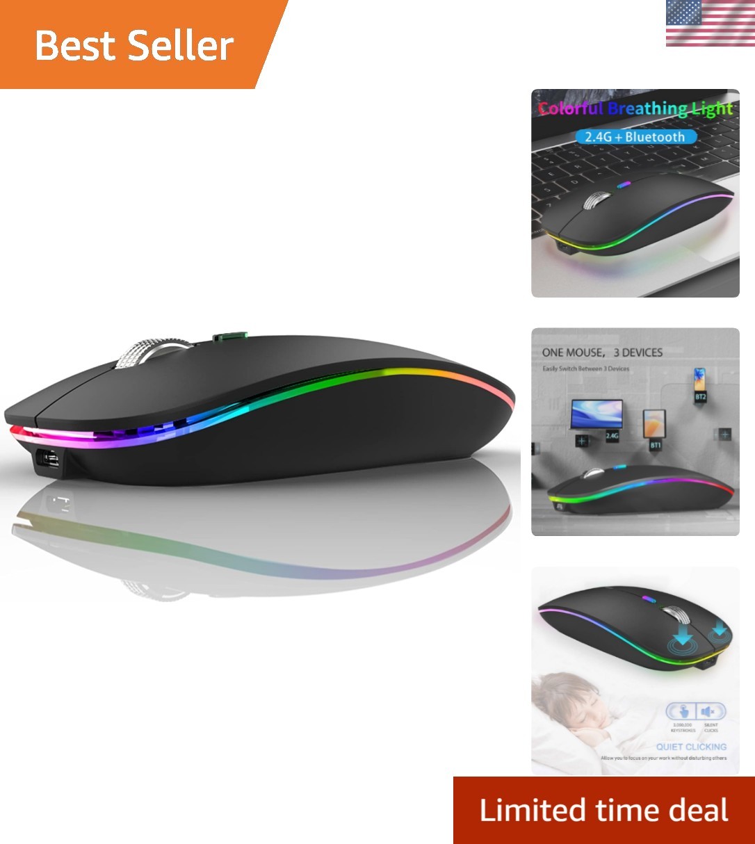 Revolutionary Rechargeable Wireless Mouse with 7 Color LED - Dual Device Switch