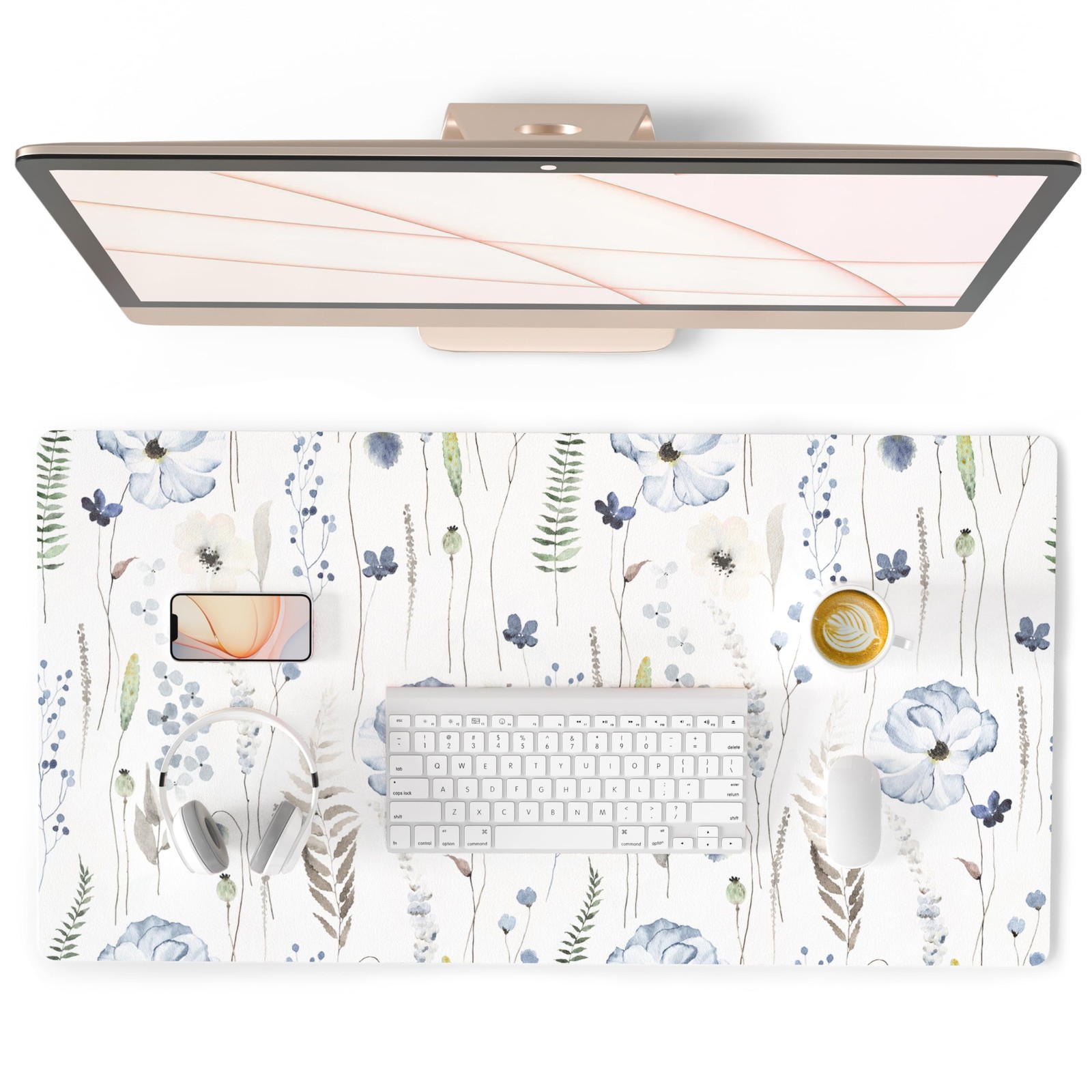 QIYI PU Leather Large Mouse Pad, Office Decor, 31.5" x 15.7", Blue Flowers