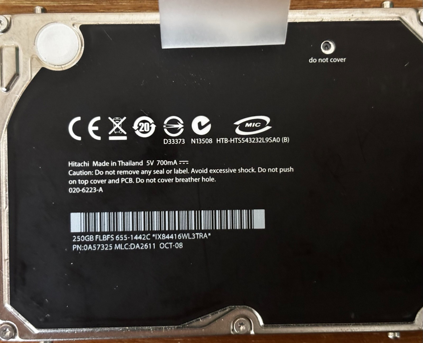 Hitachi Travelstar 2.5” 250GB hard disk drive