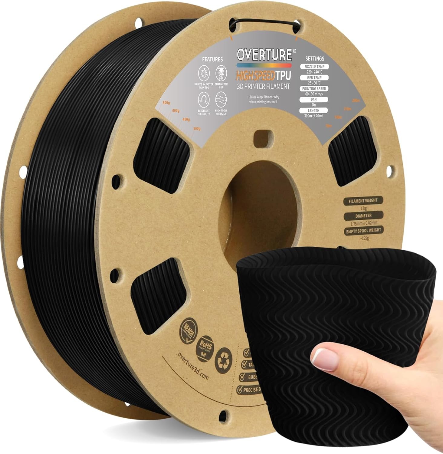 OVERTURE High Speed TPU, 95A Flexible Filament 1.75mm, 1kg Black | High