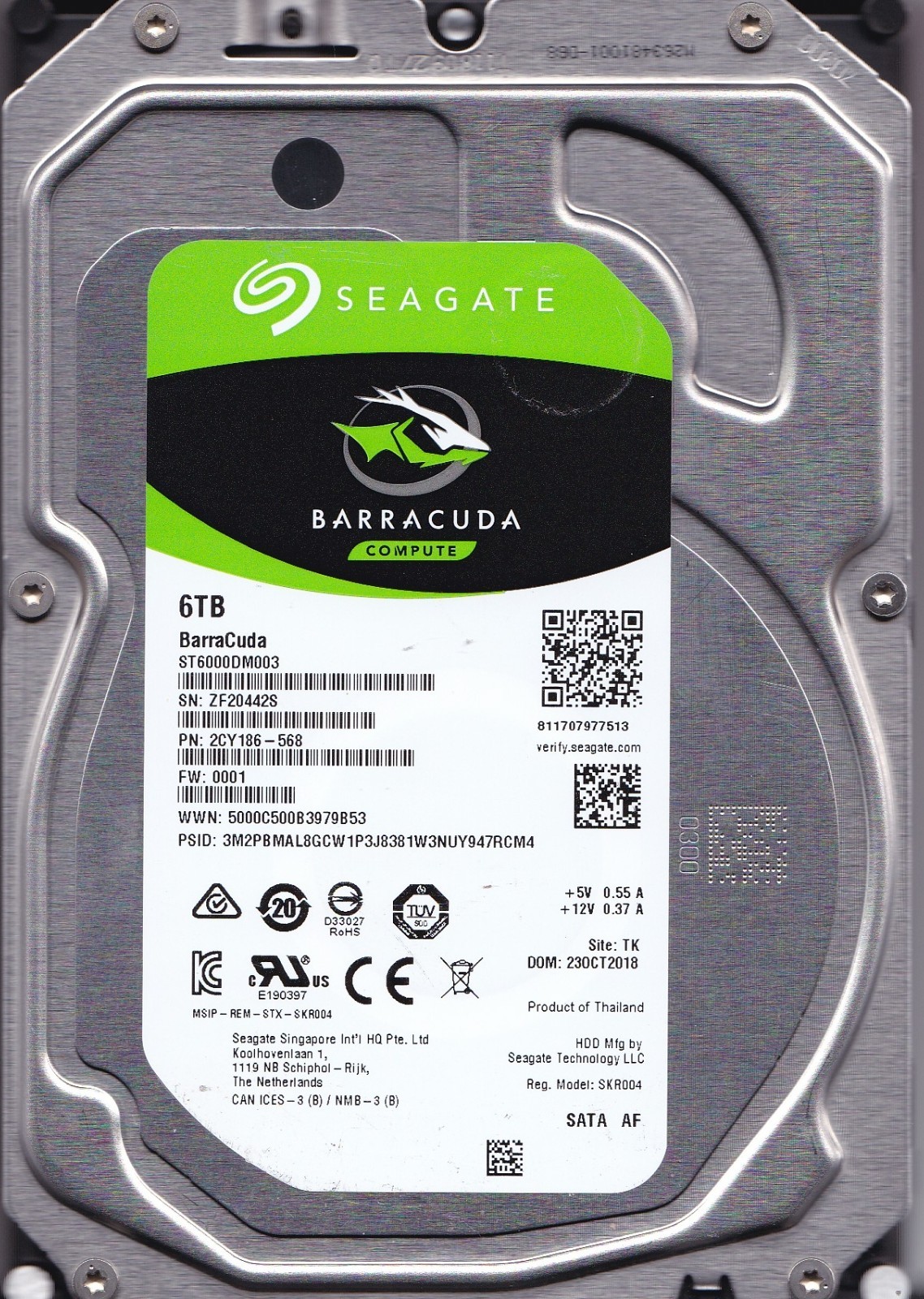 ST6000DM003 p/n: 2CY186-568 s/n: ZF2 f/w: 0001 TK OCT 2018 6TB SATA 3.5" SEAGATE