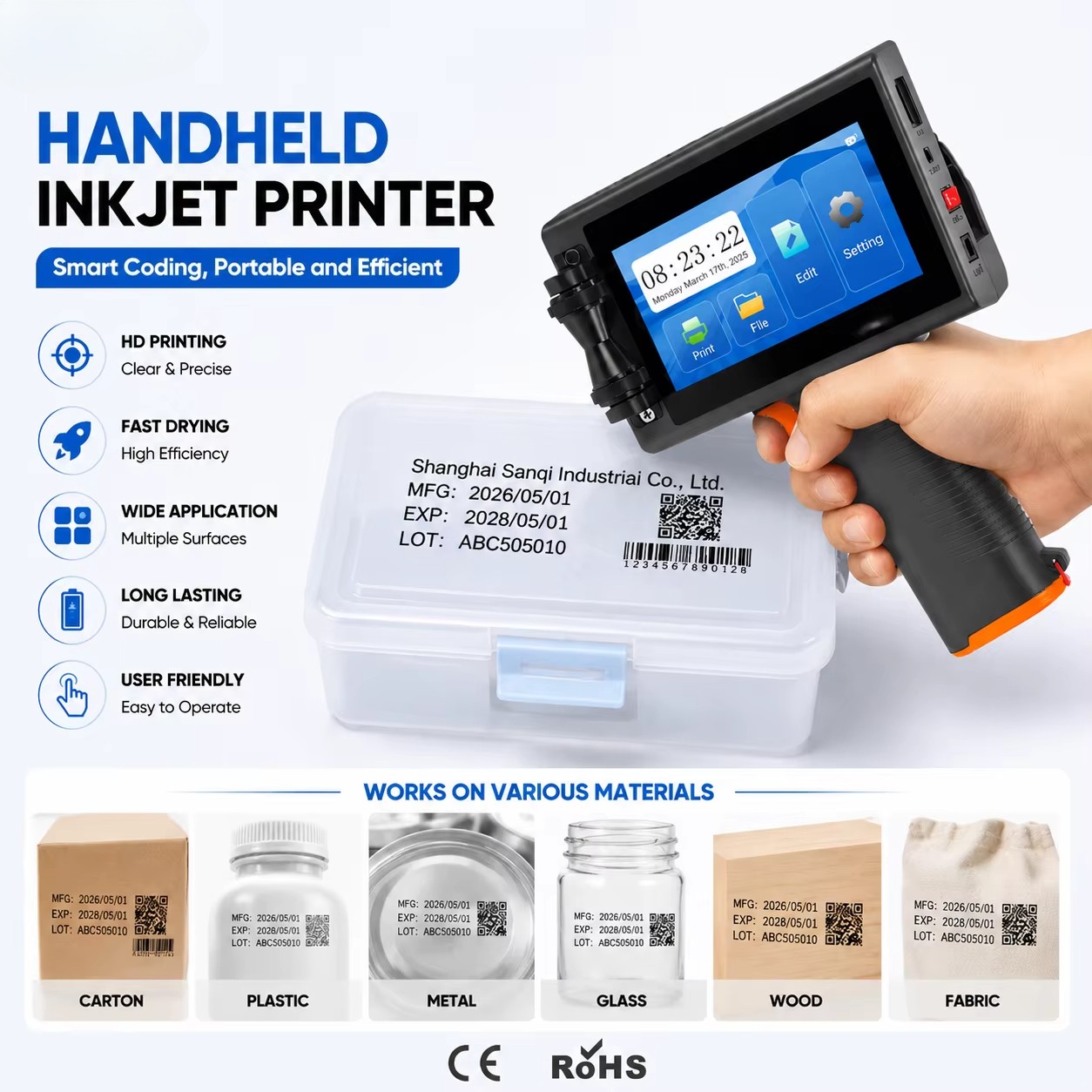 12.7mm Handheld Inkjet Printer Prints Expiry Date and Date Stamp on Cardboard