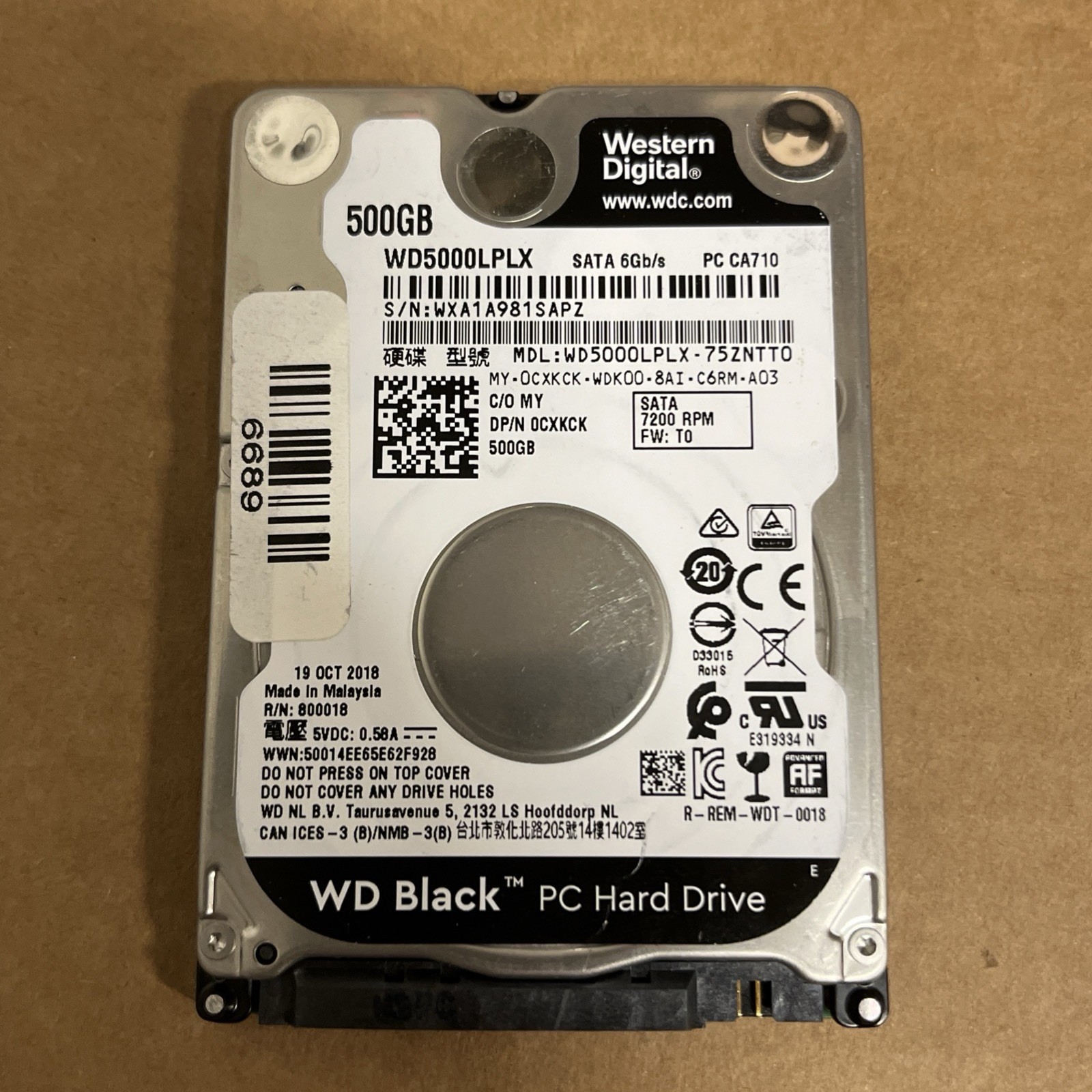 Western Digital 500GB WD5000LPLX-75ZNTT0 7200RPM 2.5" Laptop HDD P/N:CXKCX FW:T0