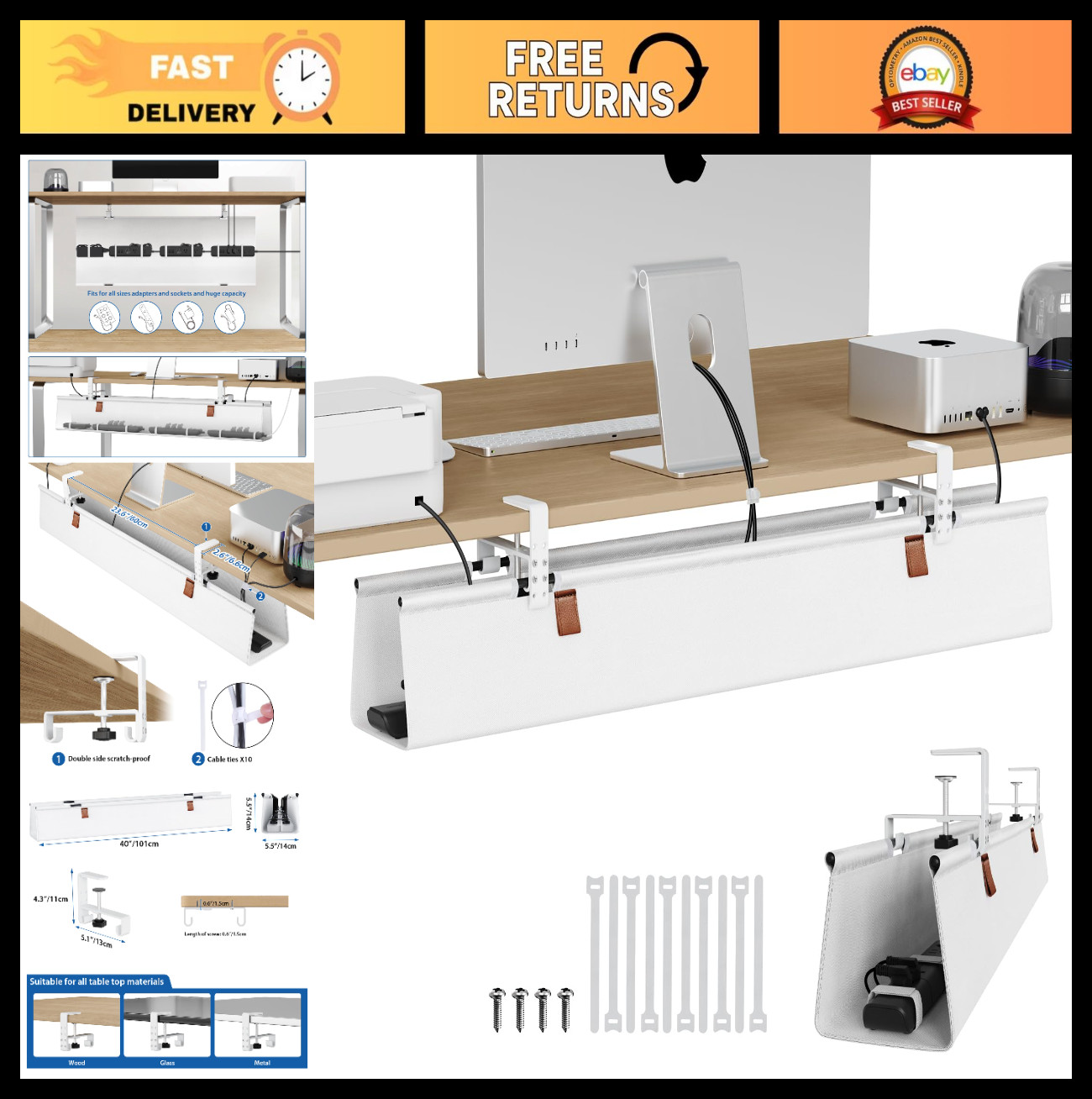 Large Under Desk Cable Management Tray - 40" No Drill Clamp, Waterproof Organize