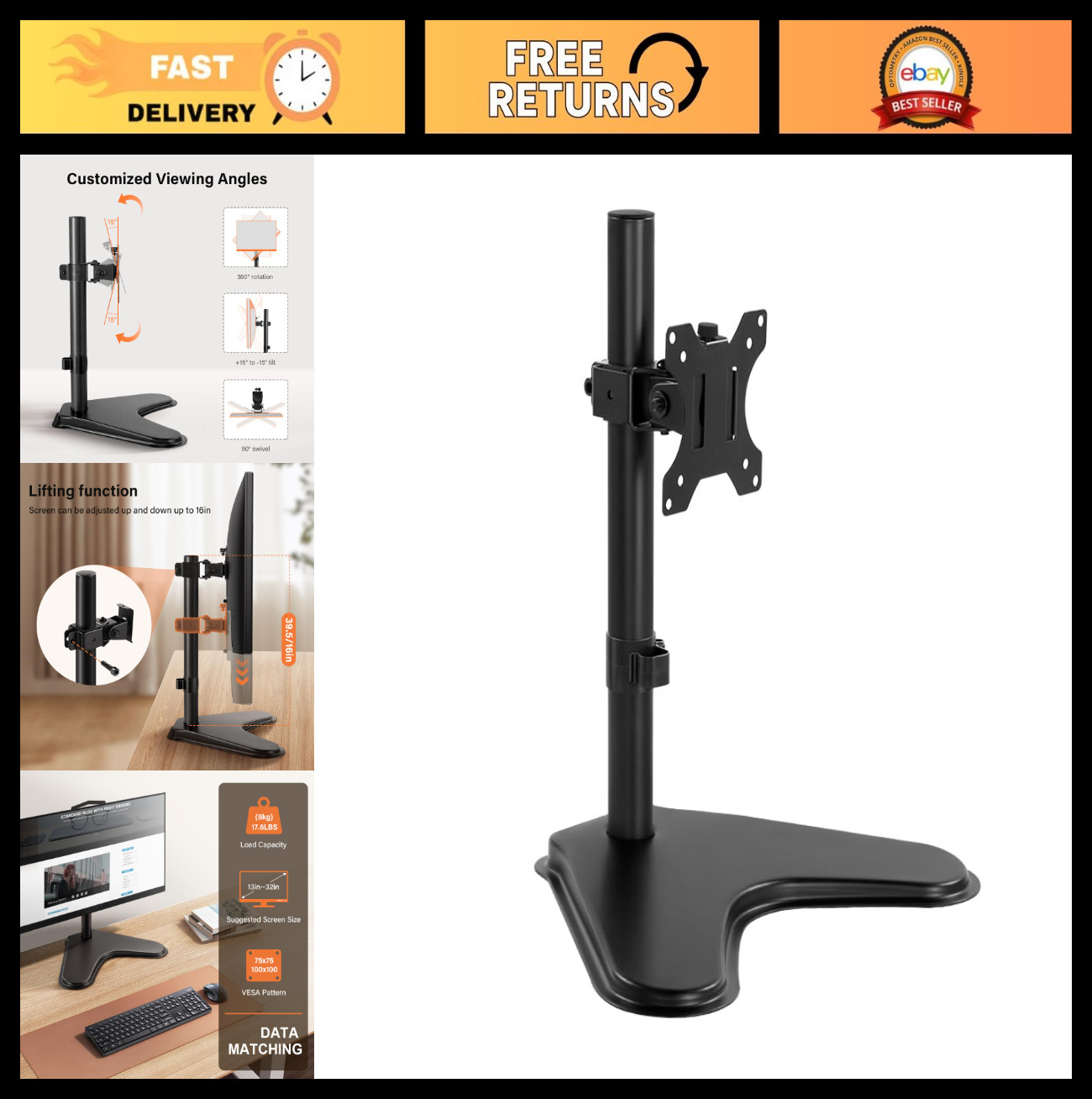 Height Adjustable Free Standing Monitor Stand - VESA Mount for 13"-32" Screens,