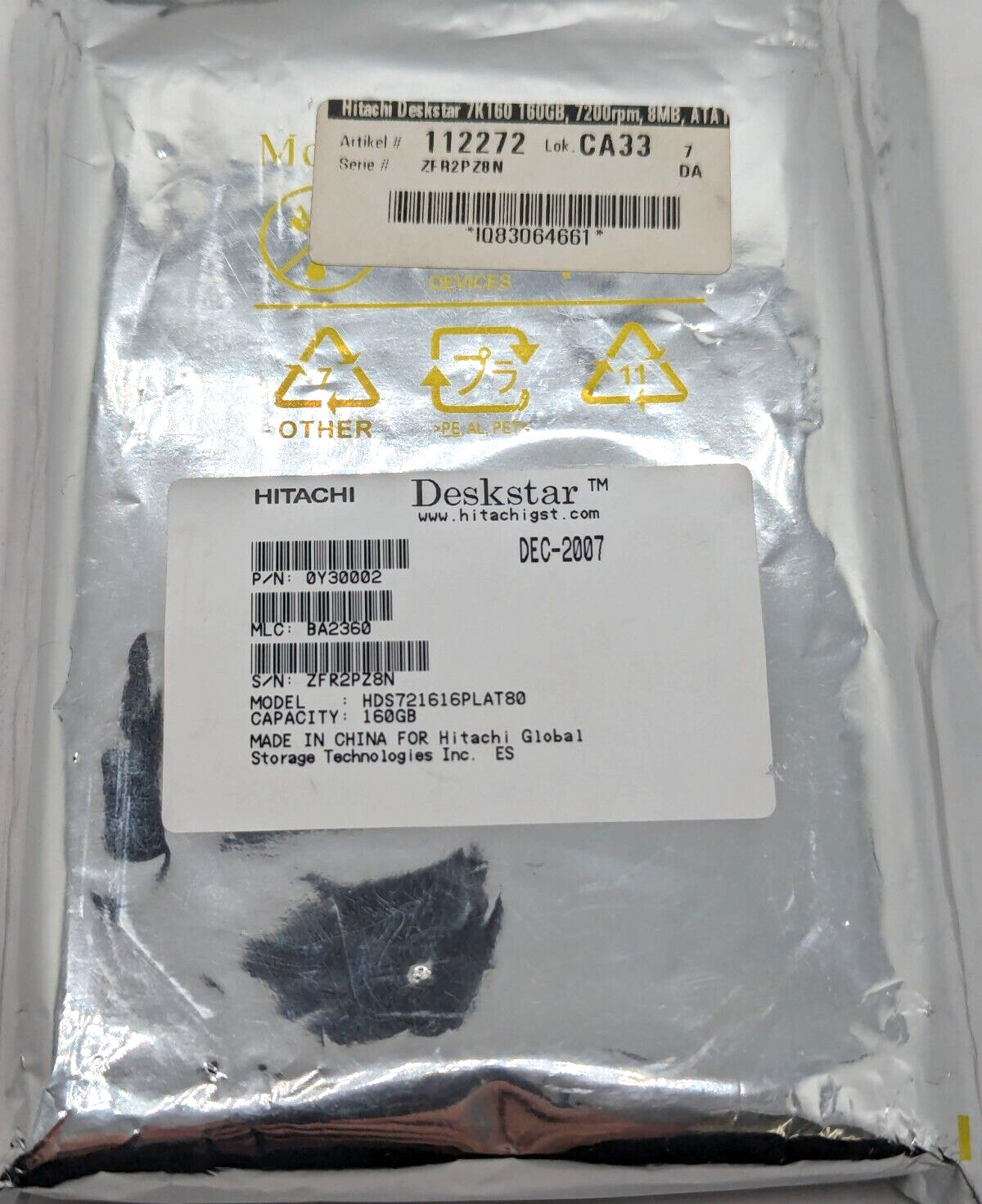 HITACHI DESKSTAR HDS721616PLAT80 / 160GB HARD DRIVE