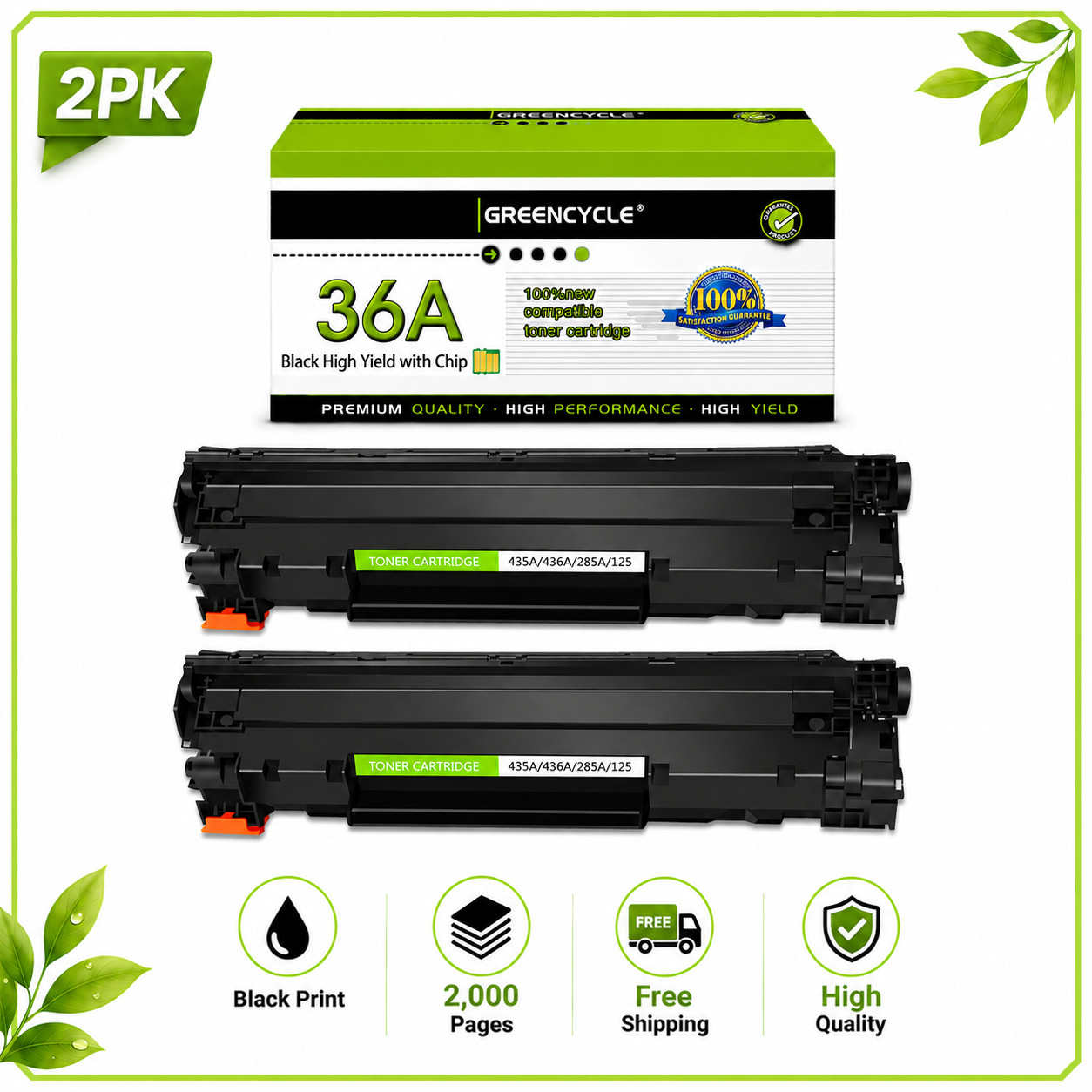 2PK CB436A Toner Cartridge Fits For HP 36A LaserJet P1505 M1522N M1522NF