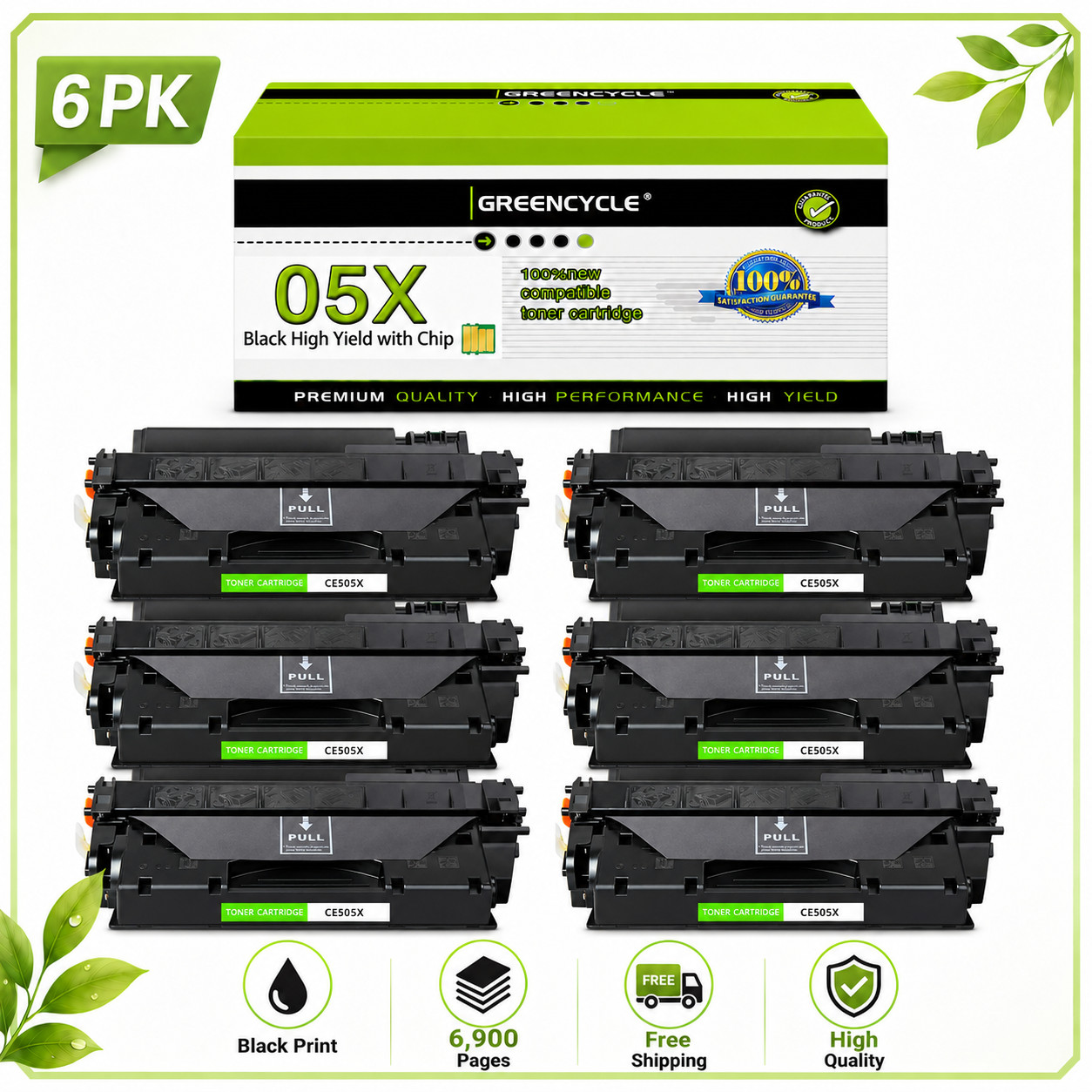 6PK CE505X 05X BK Laser Toner Cartridge For HP LaserJet P2050 P2055d Printer