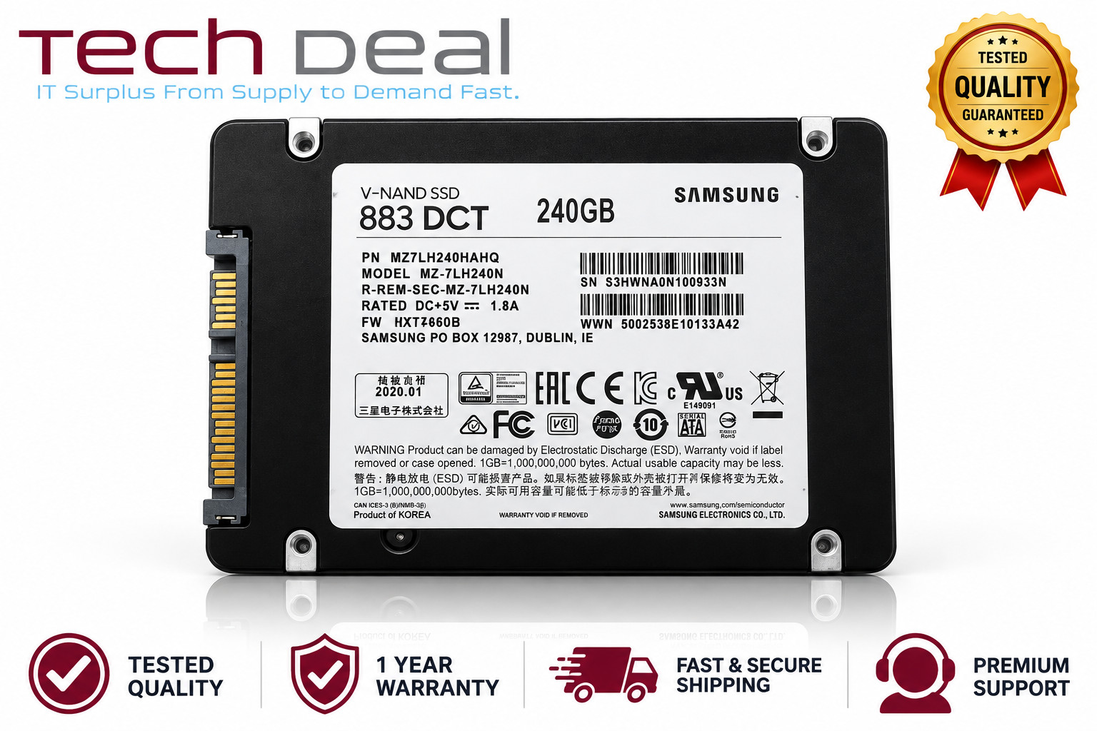 Samsung 883 DCT 240GB 2.5" SATA SSD MZ7LH240HAHQ Enterprise Solid State Drive