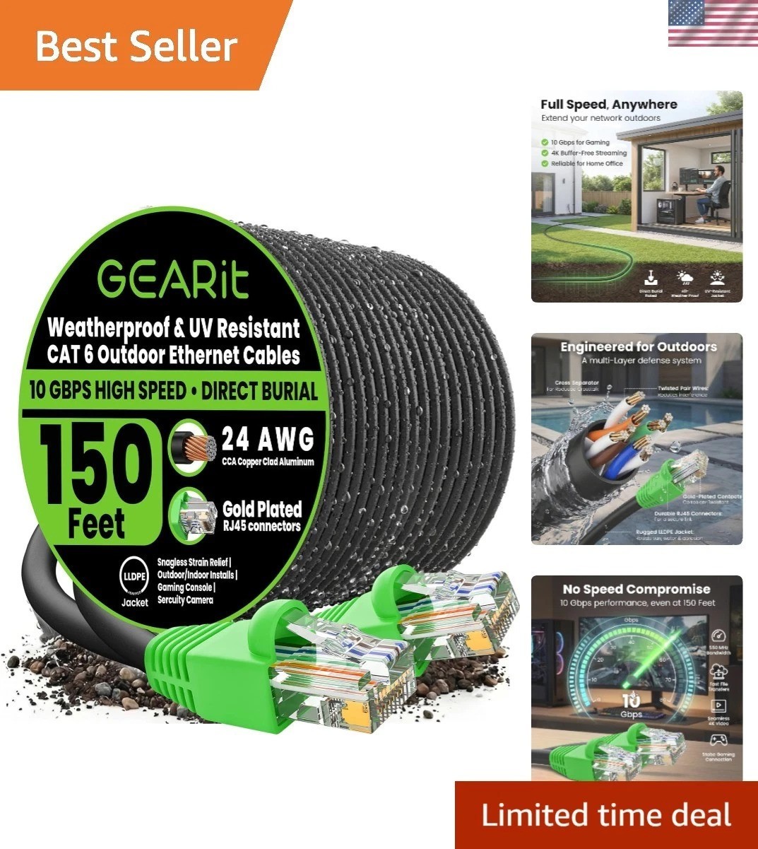 Durable 150ft Cat6 Ethernet Cable for Fast Networking - UV-Proof & Direct Burial