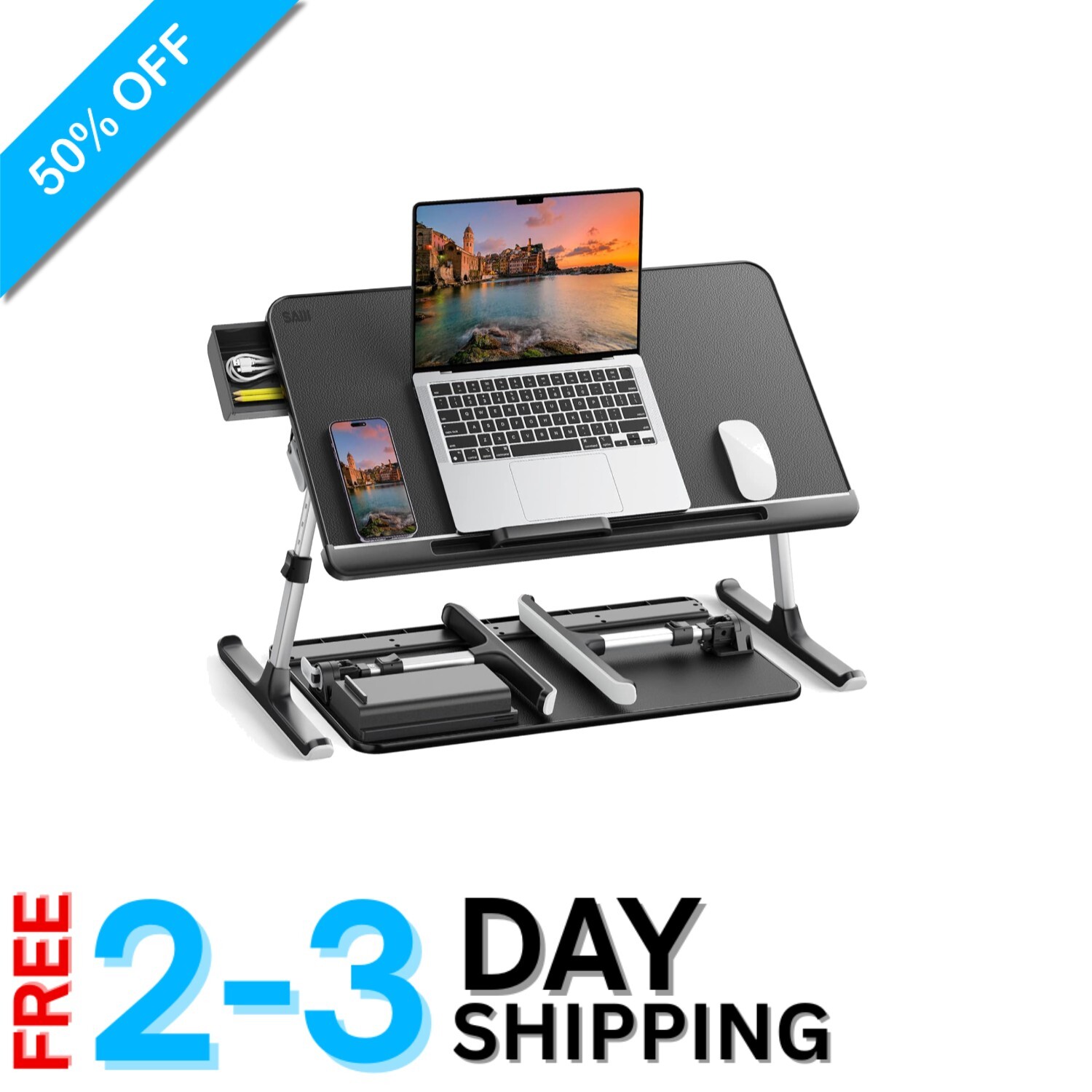 Elegant Adjustable Laptop Bed Tray Table - Foldable Design with Storage Drawer