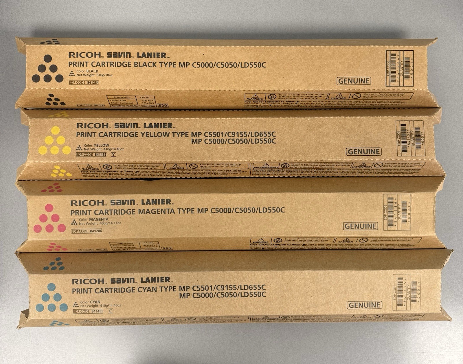 Genuine Ricoh MP C5000 / C5050 / LD550C Complete Toner Set KYCM New