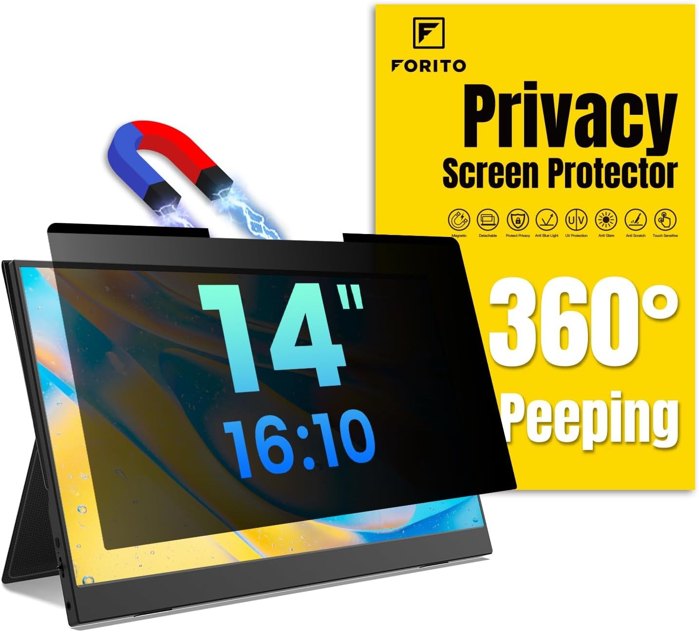 14 inch 16:10 Magnetic Laptop Privacy Screen, 360° Anti Peeping Removable Filter