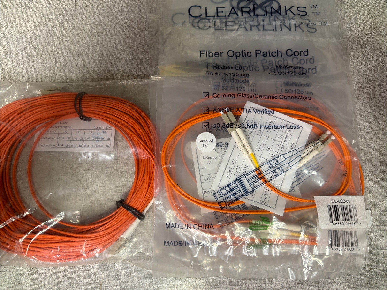 Lot Of Fiber Optic Patch Cords, 4 - 1 Meter, 1 - 20 Meter