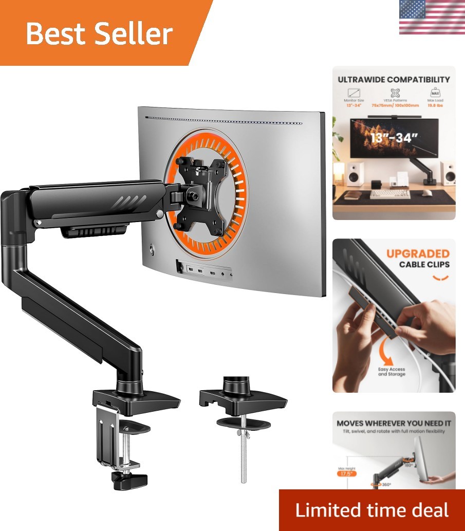 Single Monitor Arm, Fully Adjustable Monitor Mount for 13–34 Inch Screens, Fa...