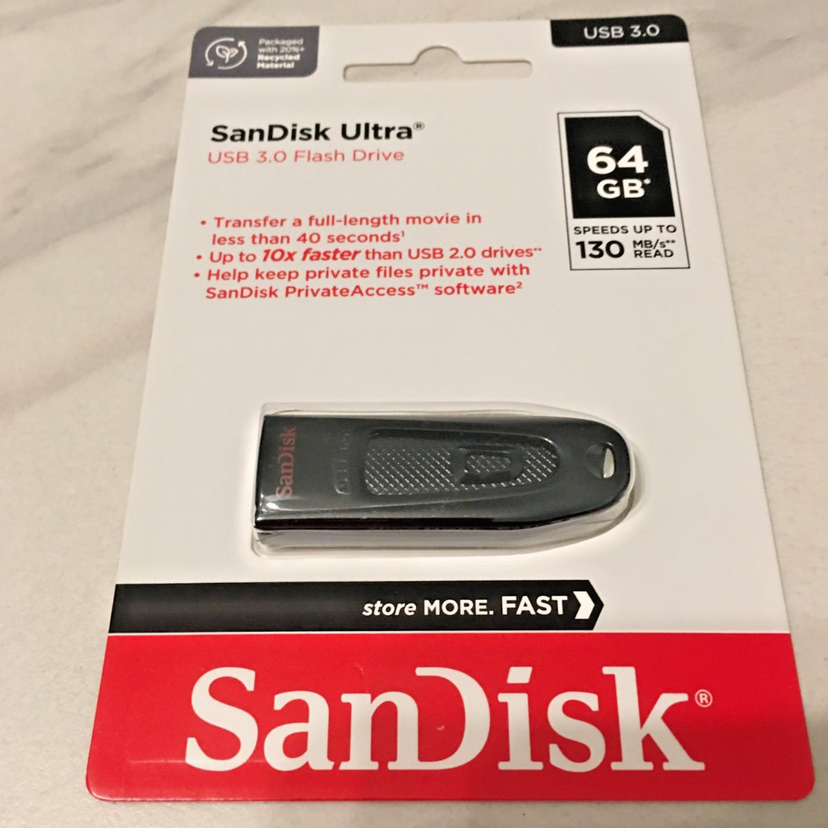 ScanDisk 64GB Ultra USB 3.0 Flash Drive, 130 MB/s Read, Black, New