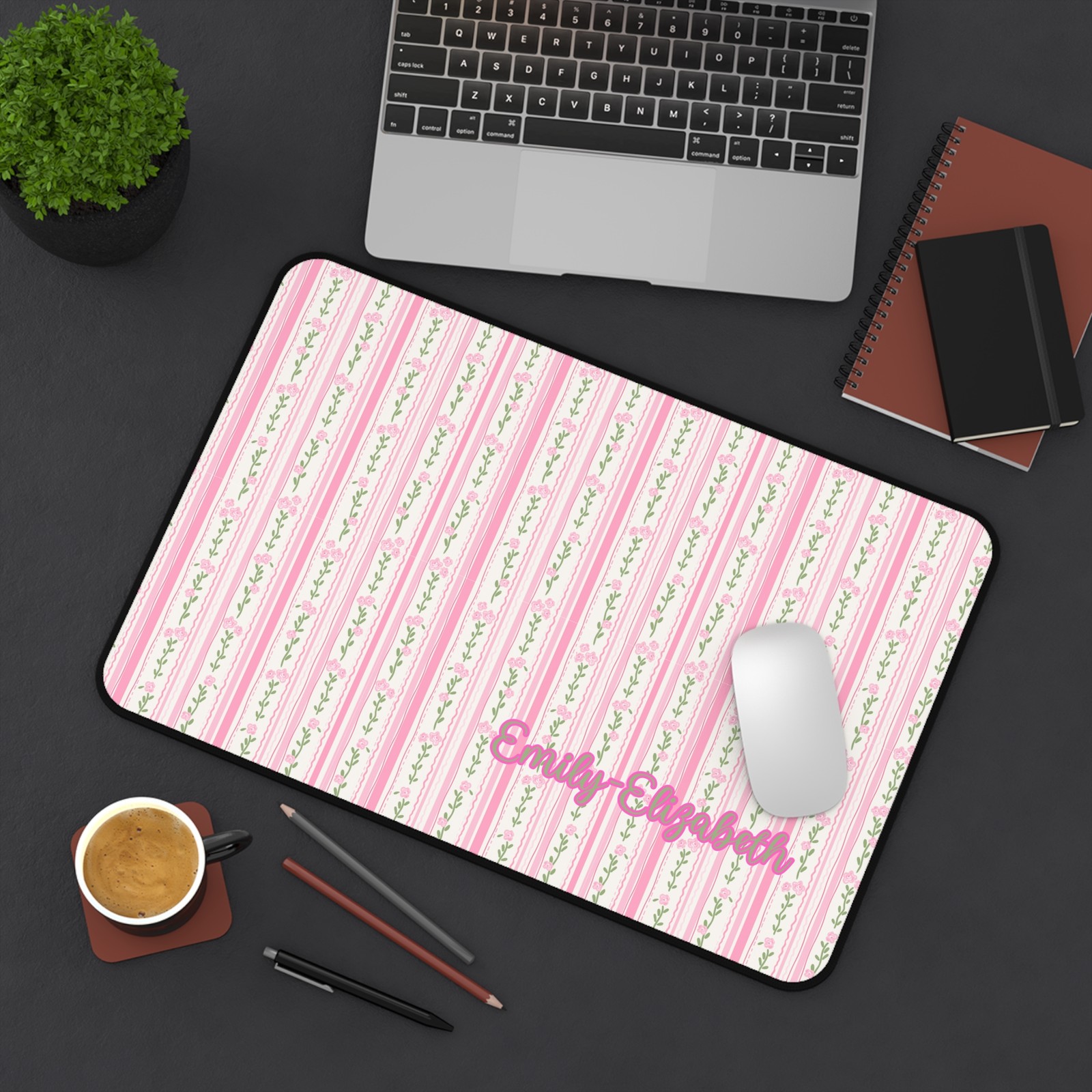 Custom Name Pink Floral Desk Mat  Workspace Gift Elegant Office Work Station 