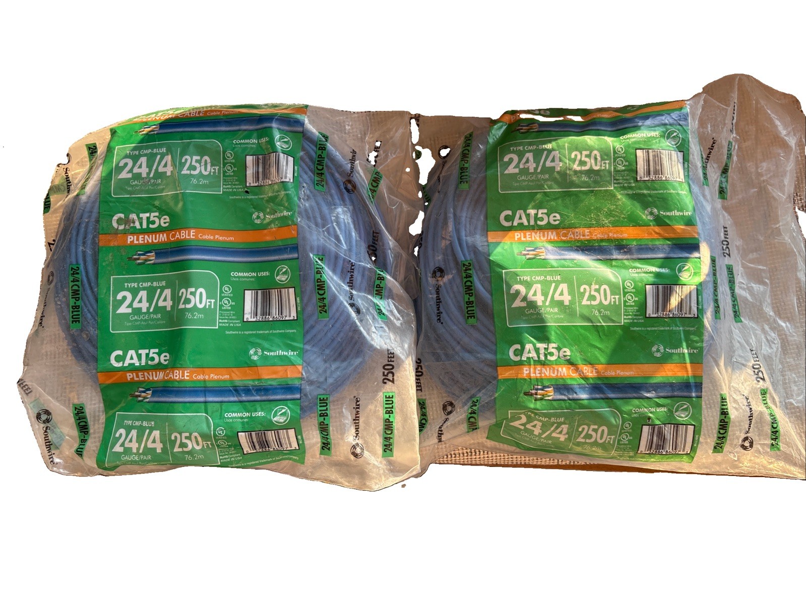 (2 Pack) Southwire 250-ft 24 /4 Gauge/ Pair Cat 5e Plenum Blue Data Cable Coil