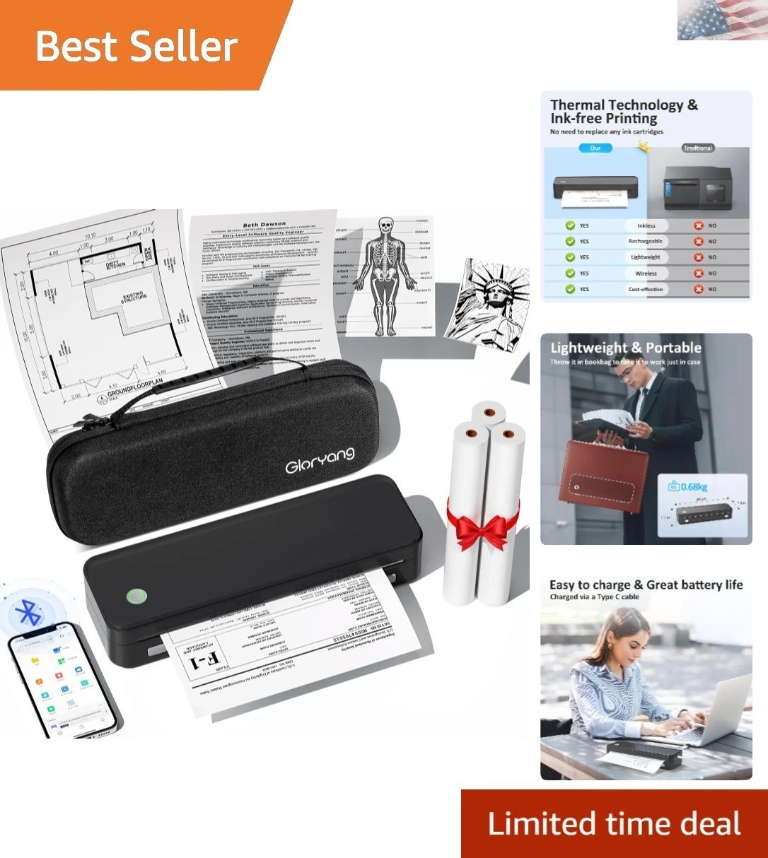 Inkless Portable Printer for Travel, Wireless Thermal Printer Supports 8.5 x ...