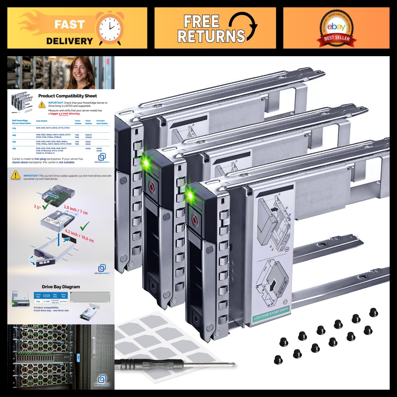 3-Pack 3.5" LFF Drive Caddy with 2.5" Adapter for Dell PowerEdge Servers