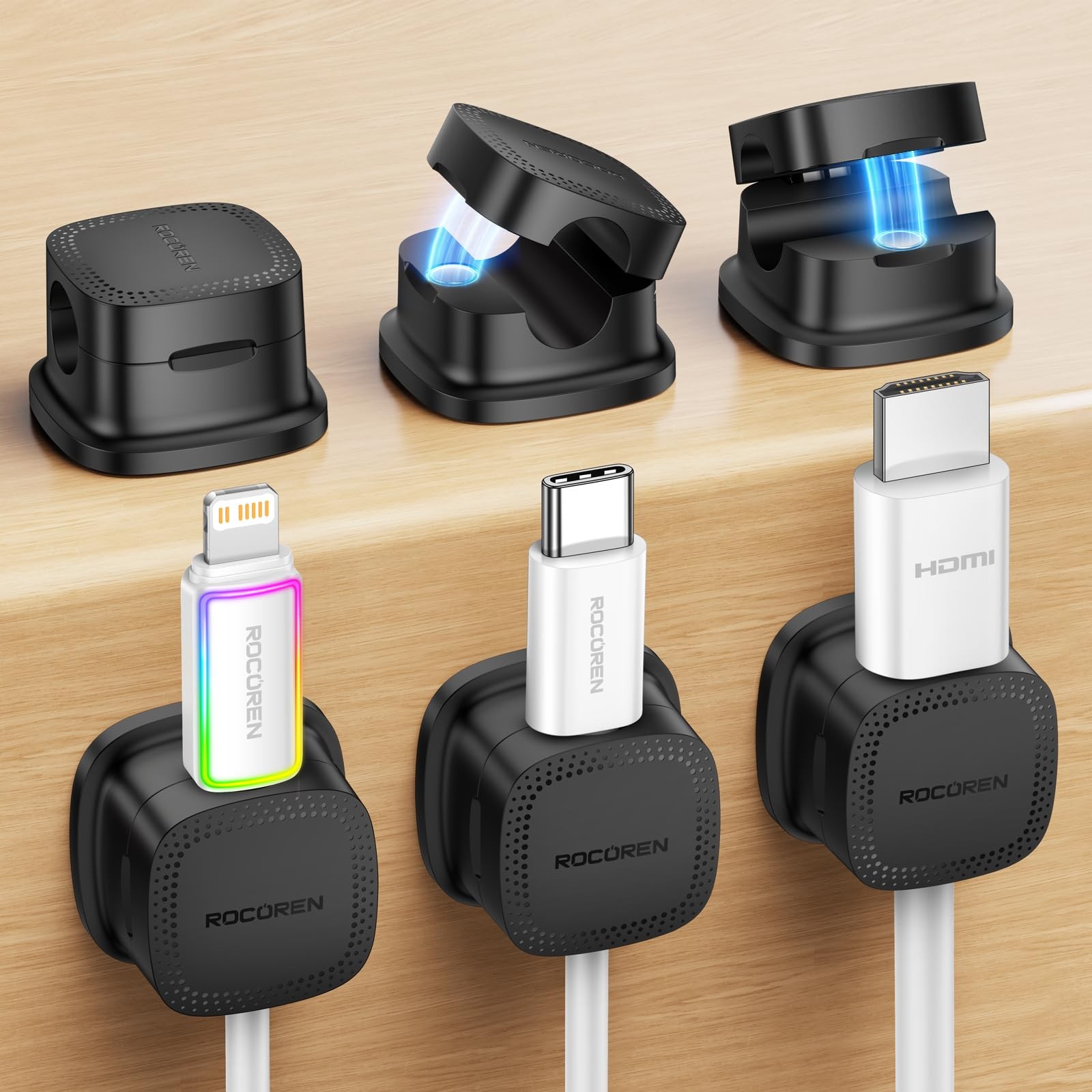 Paquete de 6 organizadores de cables con clips magnéticos y cierre de seguridad.