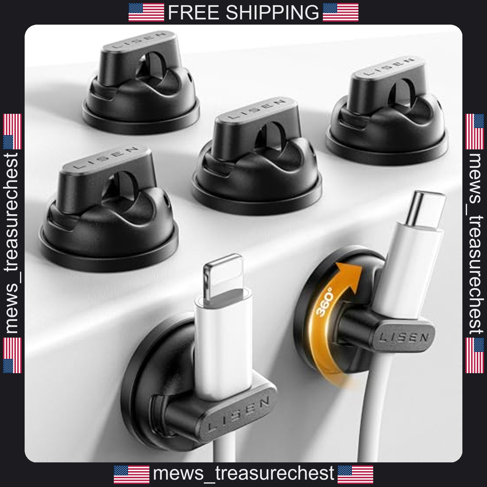 6-Pack Cord Organizer Clips for Desk, Nightstand, 360° Swivel, Magnetic Lock