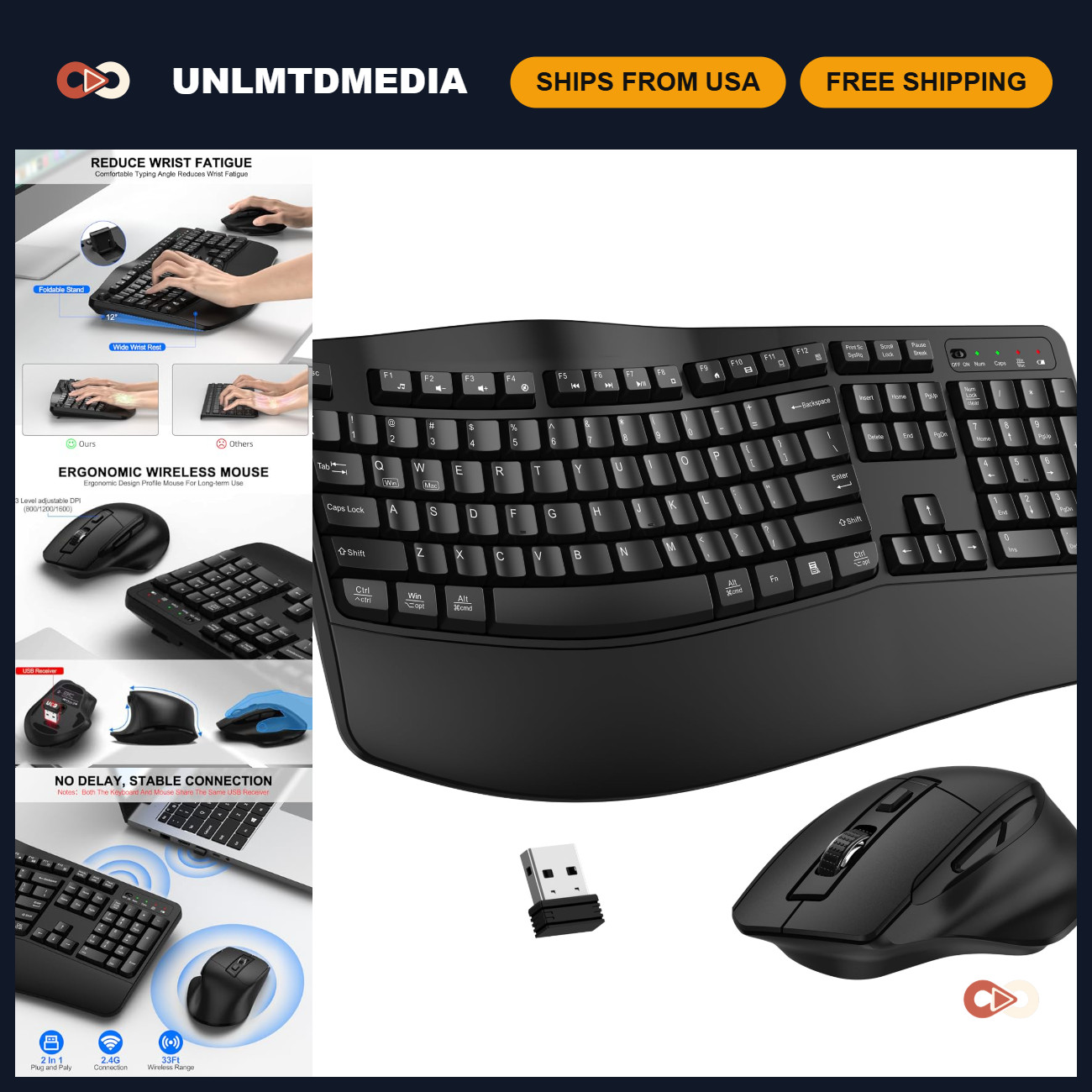 Ergonomic Wireless Keyboard & Mouse Combo, 2.4G Wave Design, Black, USB Connecti