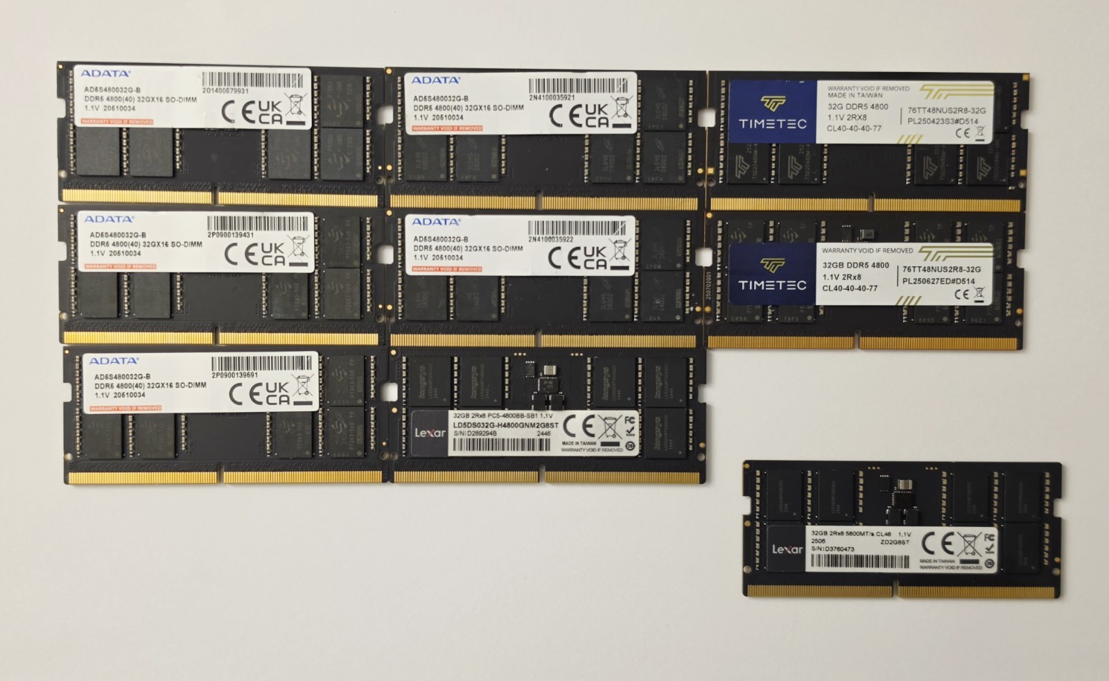 (Lot of 9) Sodimm DDR5 32GB- 5600(1pc) 4800(8pcs) Laptop RAM, READ DESCRIPTION 