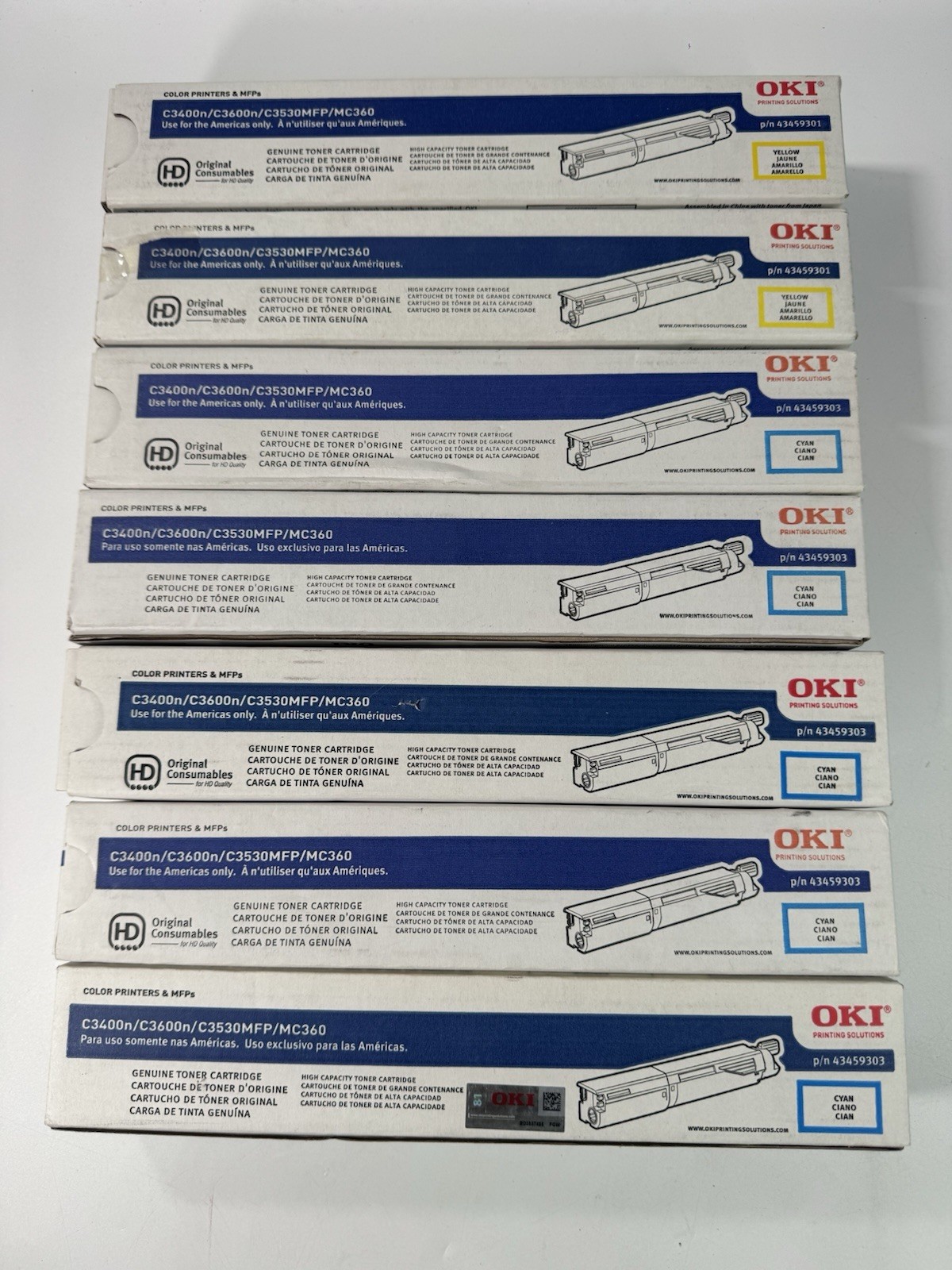 LOT of  7 - Oki 43459303 43459301 Cyan/Yellow Toner Genuine New OEM Sealed Boxed