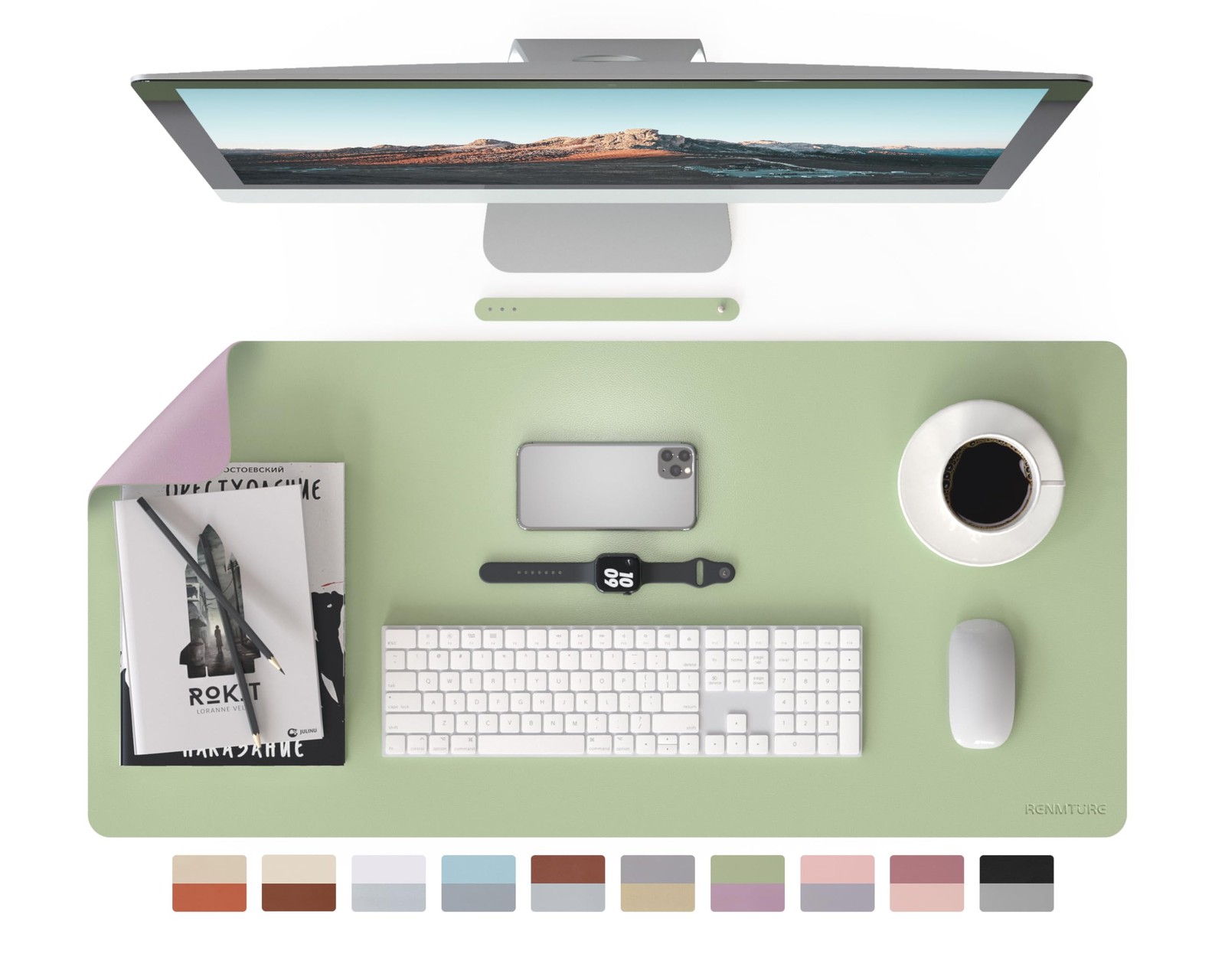 Double-Sided Two-Tone Faux Leather Desk mat Desktop Organization and Accessor...