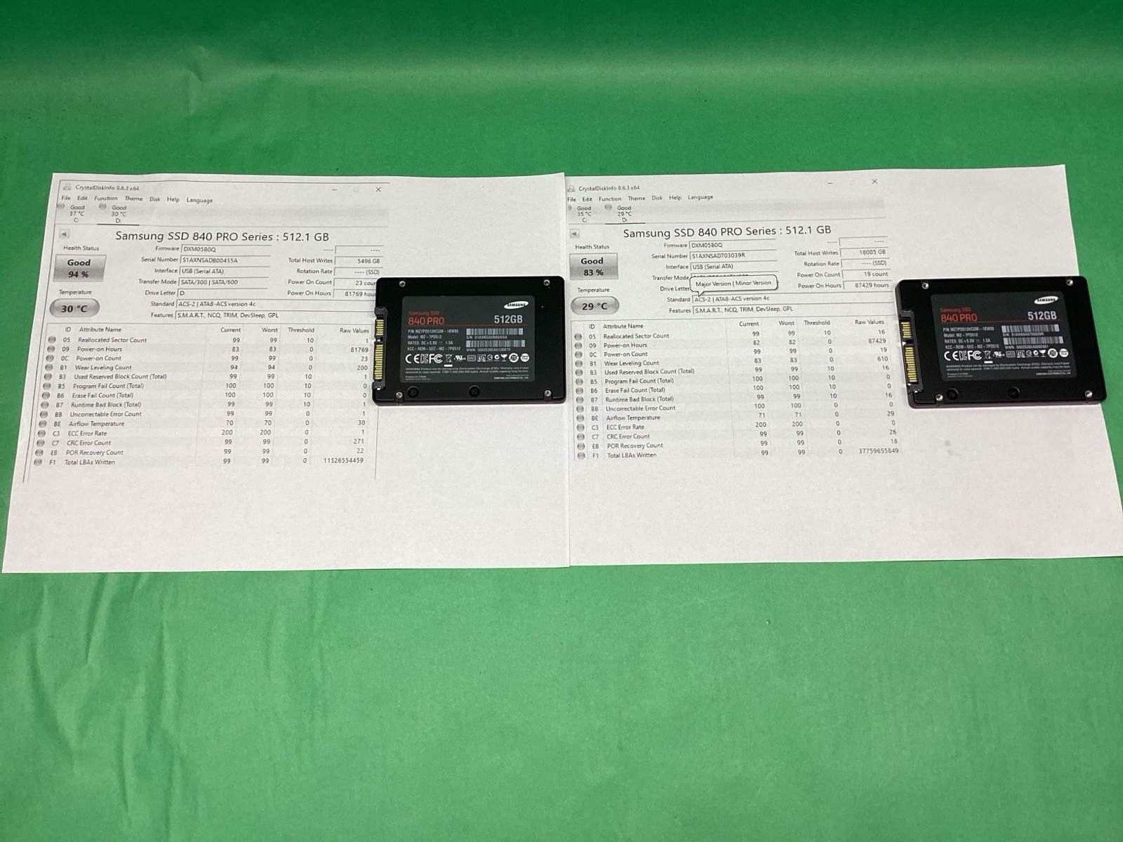 x2 Samsung 512GB 840 PRO 2.5” SSD - GOOD HEALTH - LOT OF 2