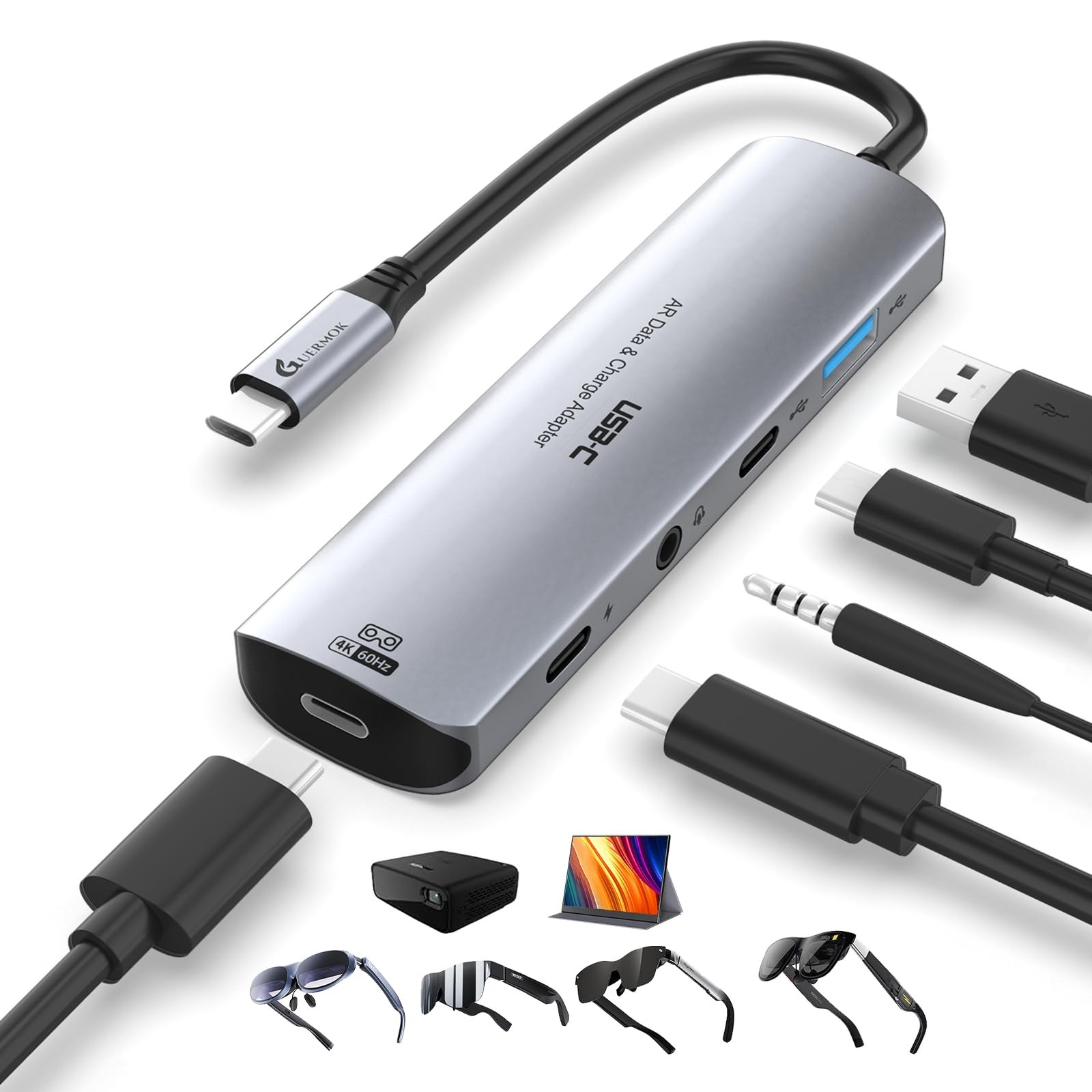 Guermok 5-in-1 USB-C AR Glasses Adapter, 4K@60Hz Video Hub with 100W Silver