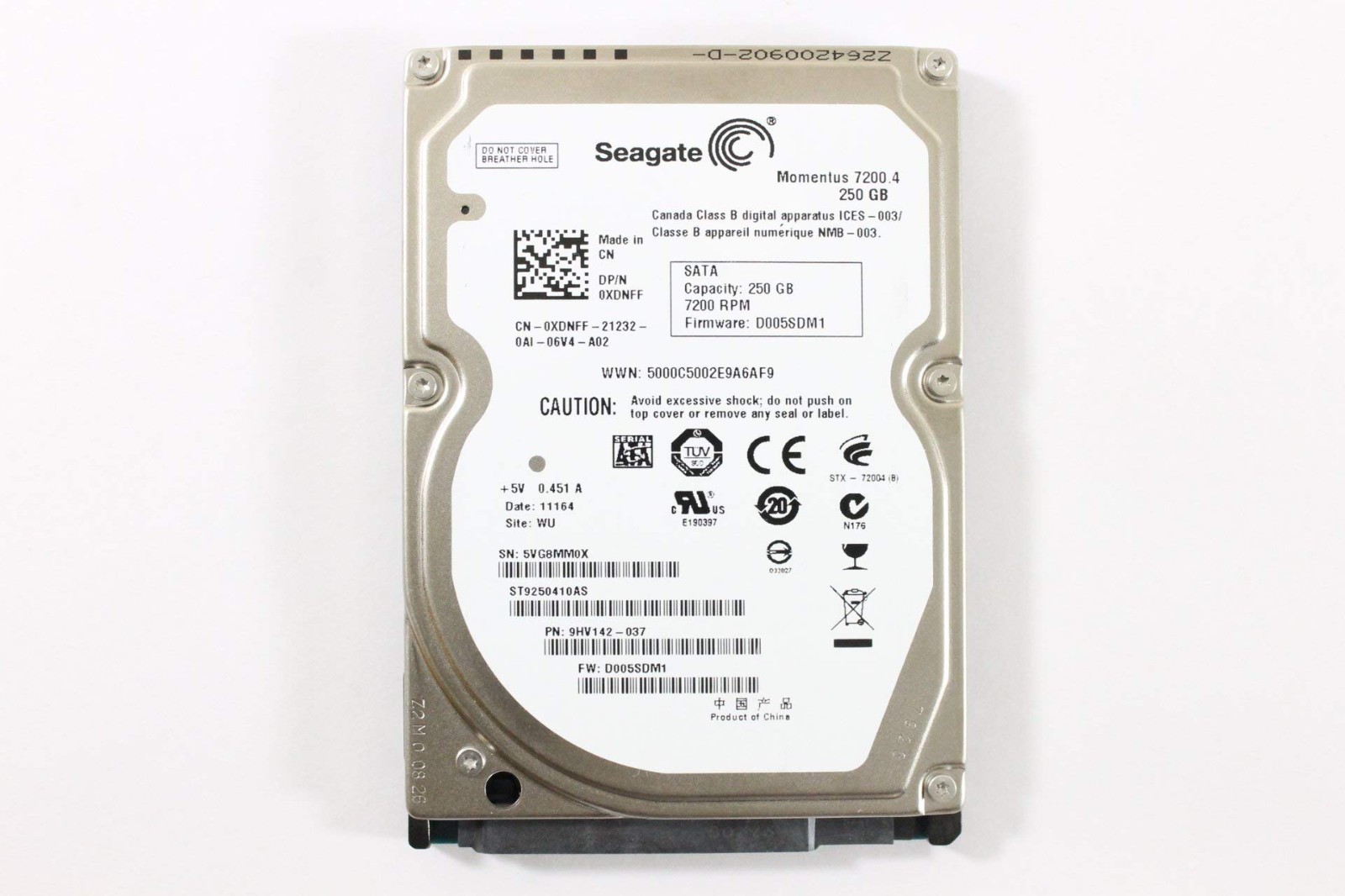Dell ST9250410AS 250GB 7200 RPM 3Gb/S SATA 2.5" Seagate Laptop Hard Drive XDNFF