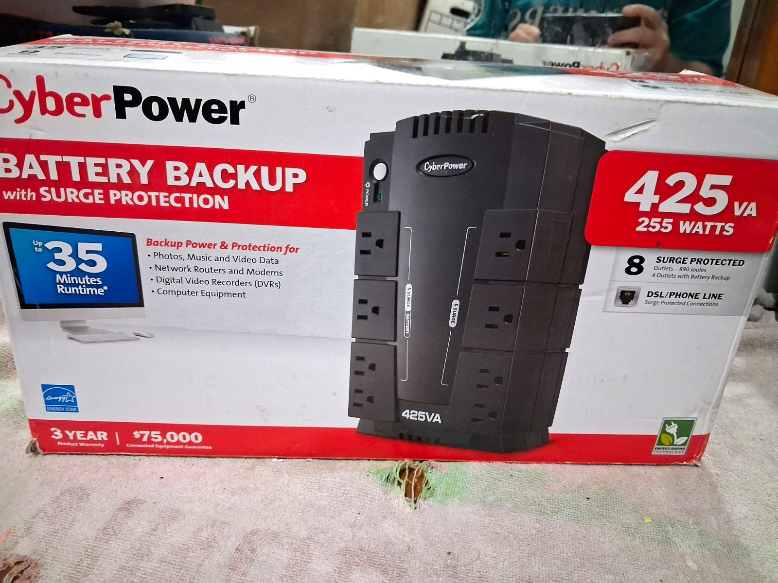 CyberPower SE425G UPS 425VA/255W 8 Outlets 890J Surge RJ11 DSL/Phone