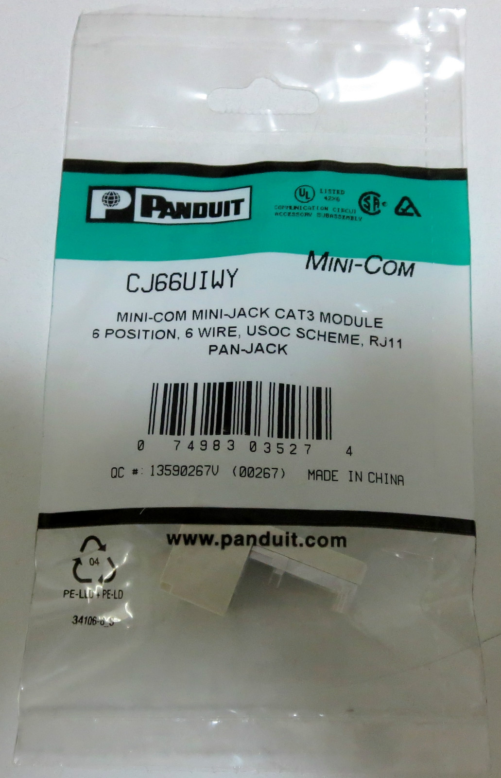 PANDUIT CJ66UIWY CAT3 RJ11 MODULAR JACK CATEGORY 3-6 WIRE POSITION 1 PORT WHITE
