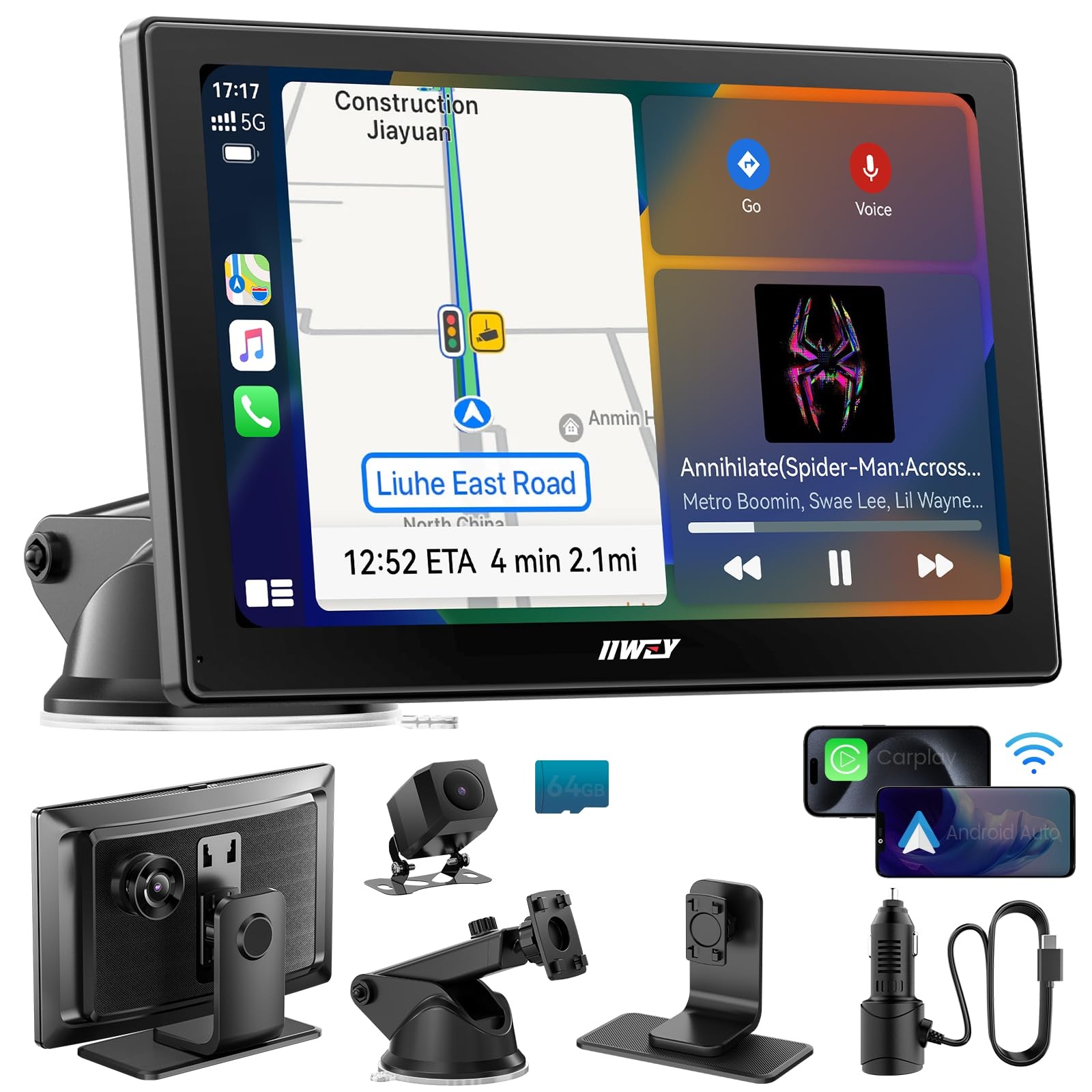 IK5 9" Wireless Apple CarPlay & Android Auto Screen, Portable Car Stereo with...