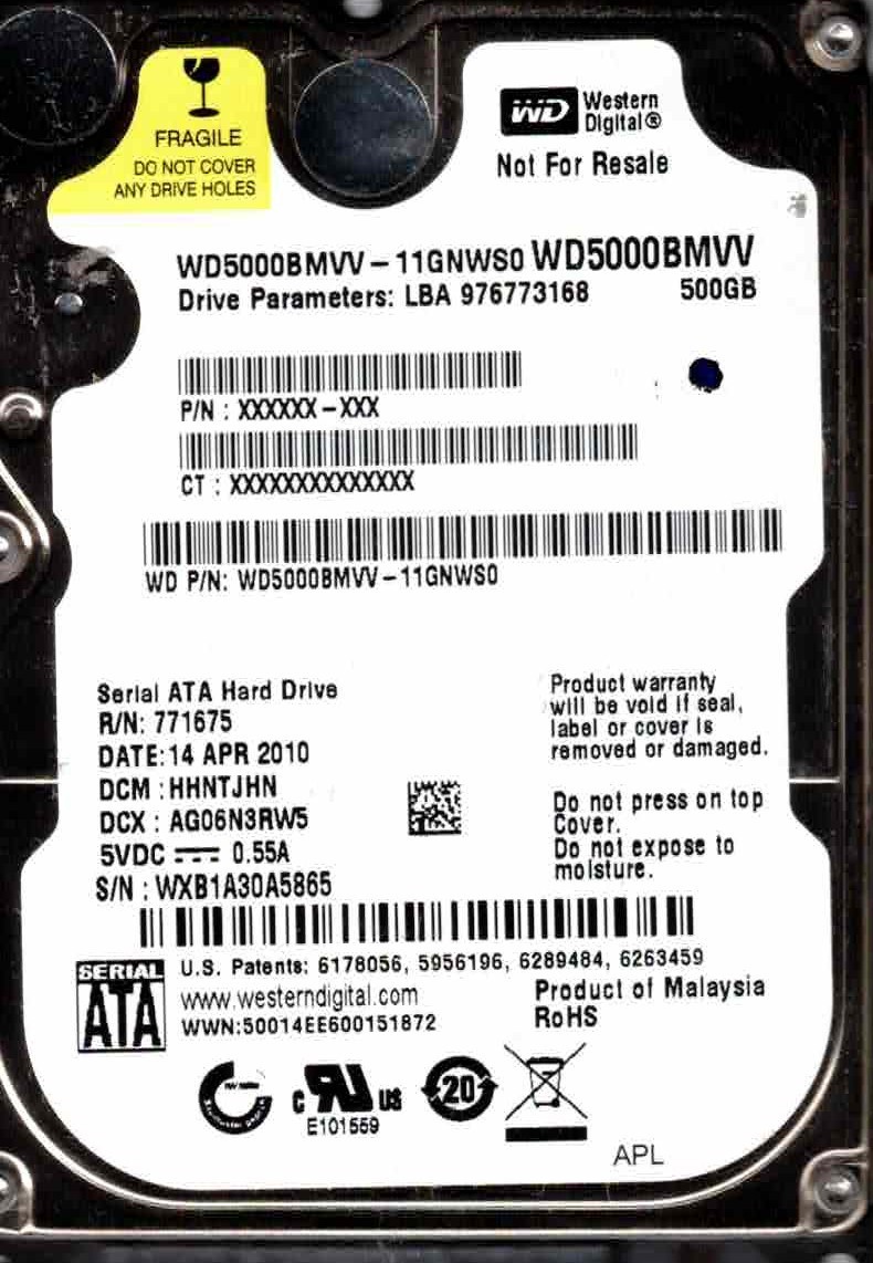 WD5000BMVV-11A1CS0,  HHNTJHN,  SATA WD 500GB WXB1  APR 2010