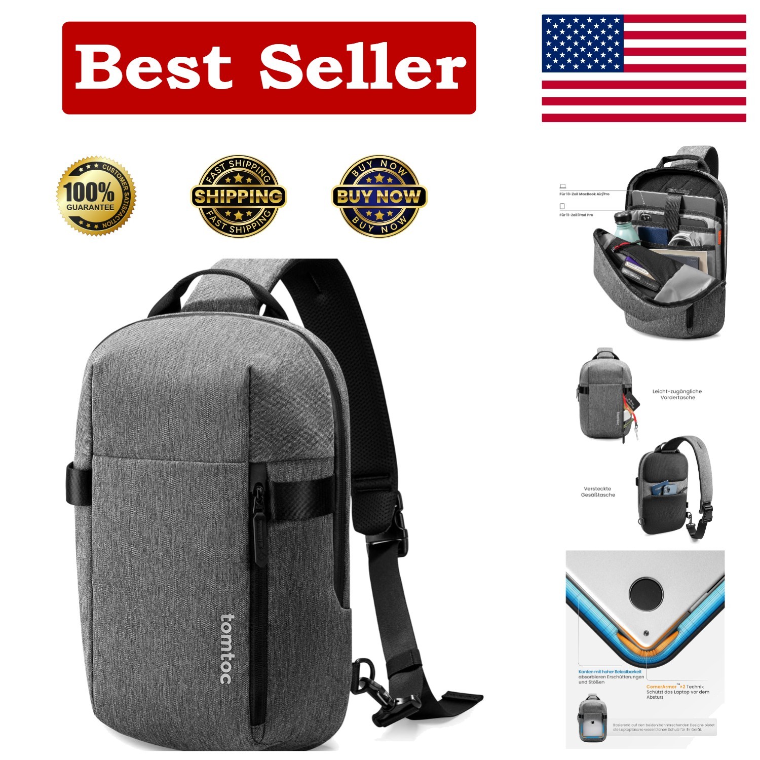 tomtoc Sling Bag Crossbody Backpack EDC S for 13-14 inch MacBook, Gray