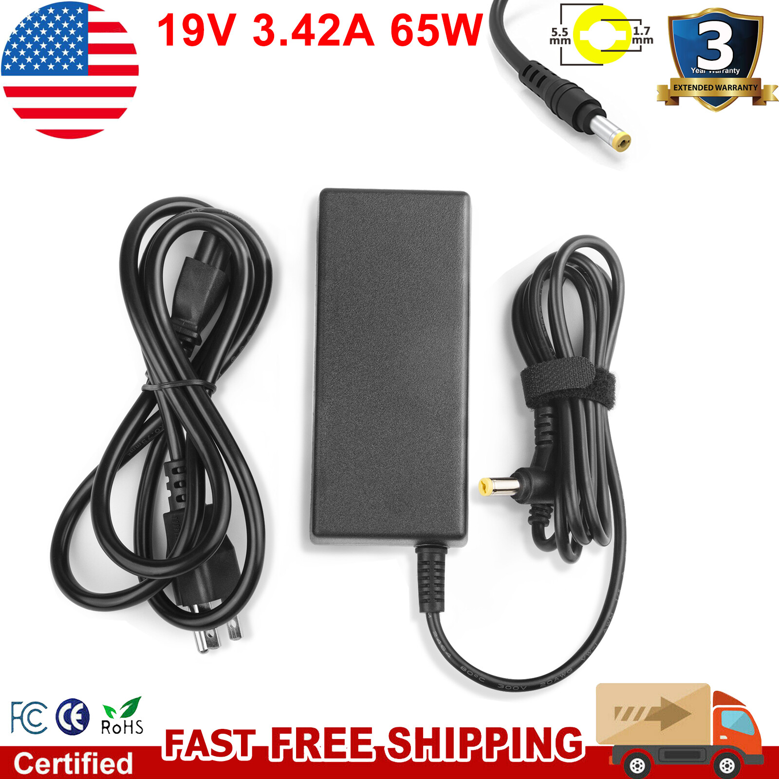 65W AC Adapter Cord Battery Charger For Gateway NE Series Laptop Power Supply US