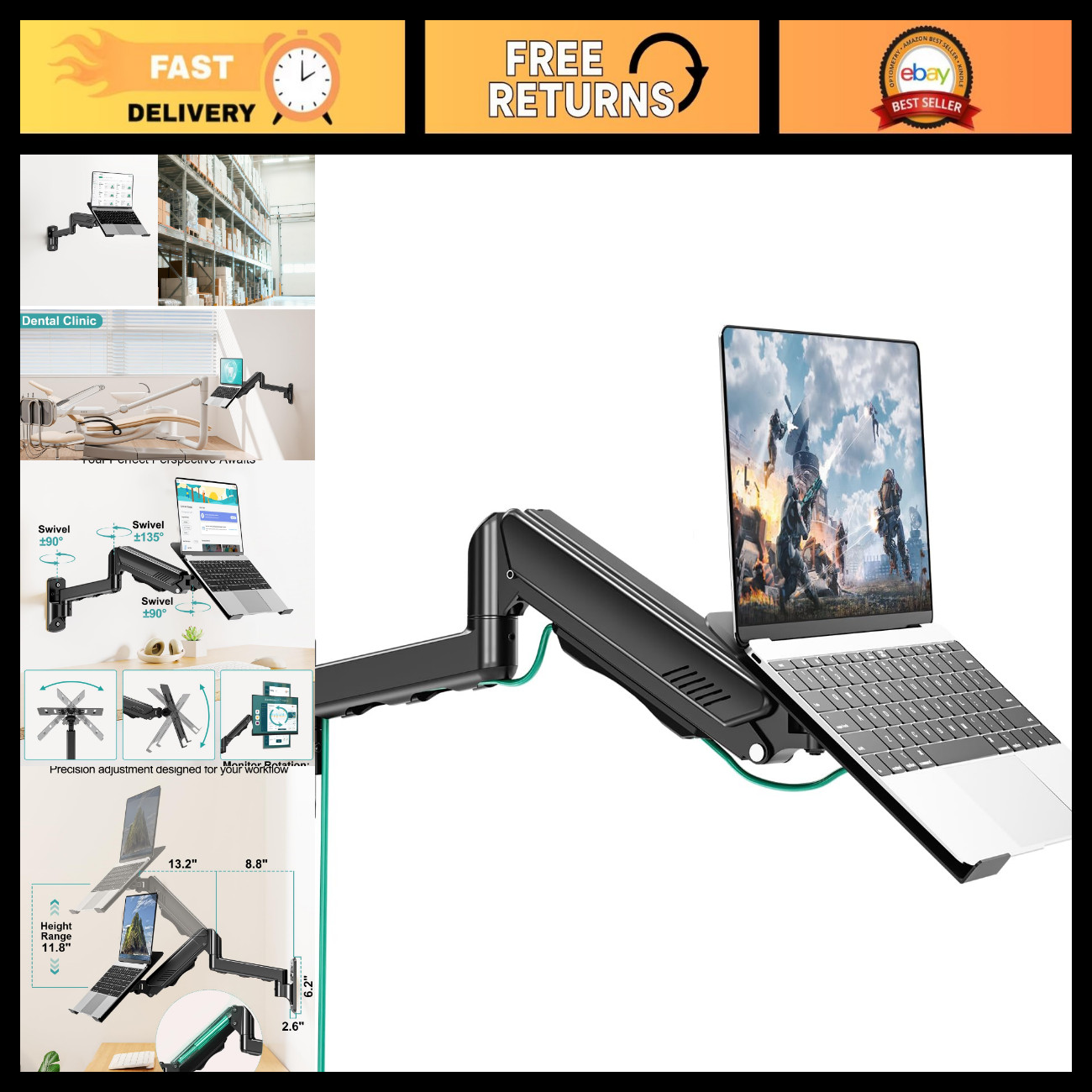Adjustable Laptop Wall Mount with Vented Tray for 11-32" Screens, Full Motion Ar