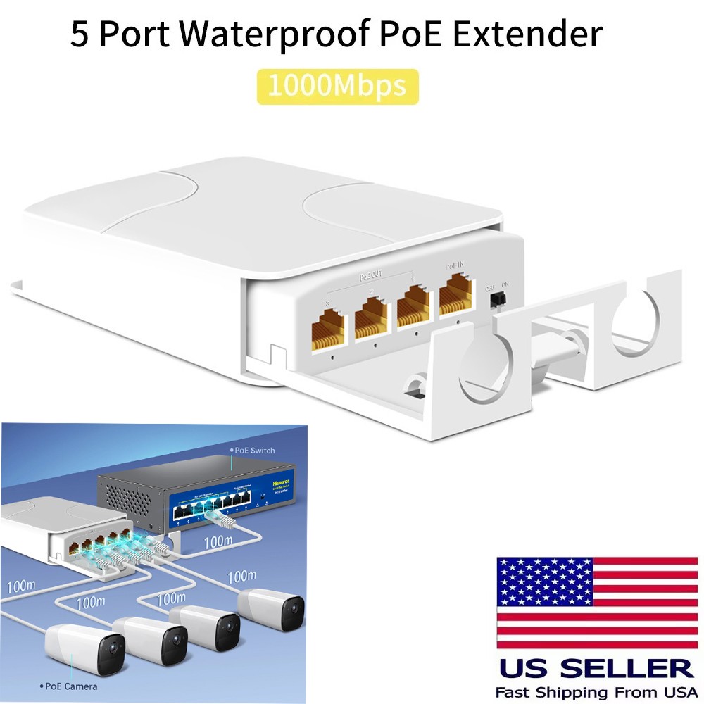 NEW 5 Port Gigabit PoE Passthrough Switch Outdoor Ethernet Extender Up to 100m