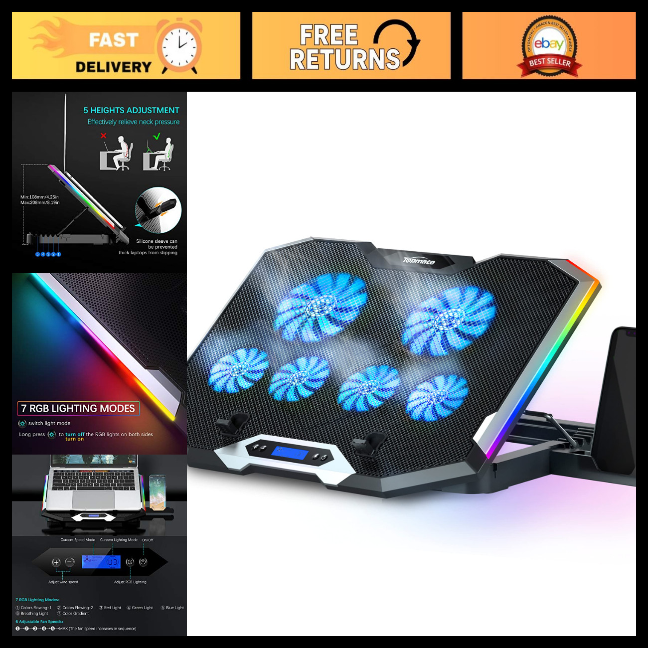 RGB Laptop Cooling Pad, Gaming Notebook Cooler, Adjustable Fan Stand for Laptops