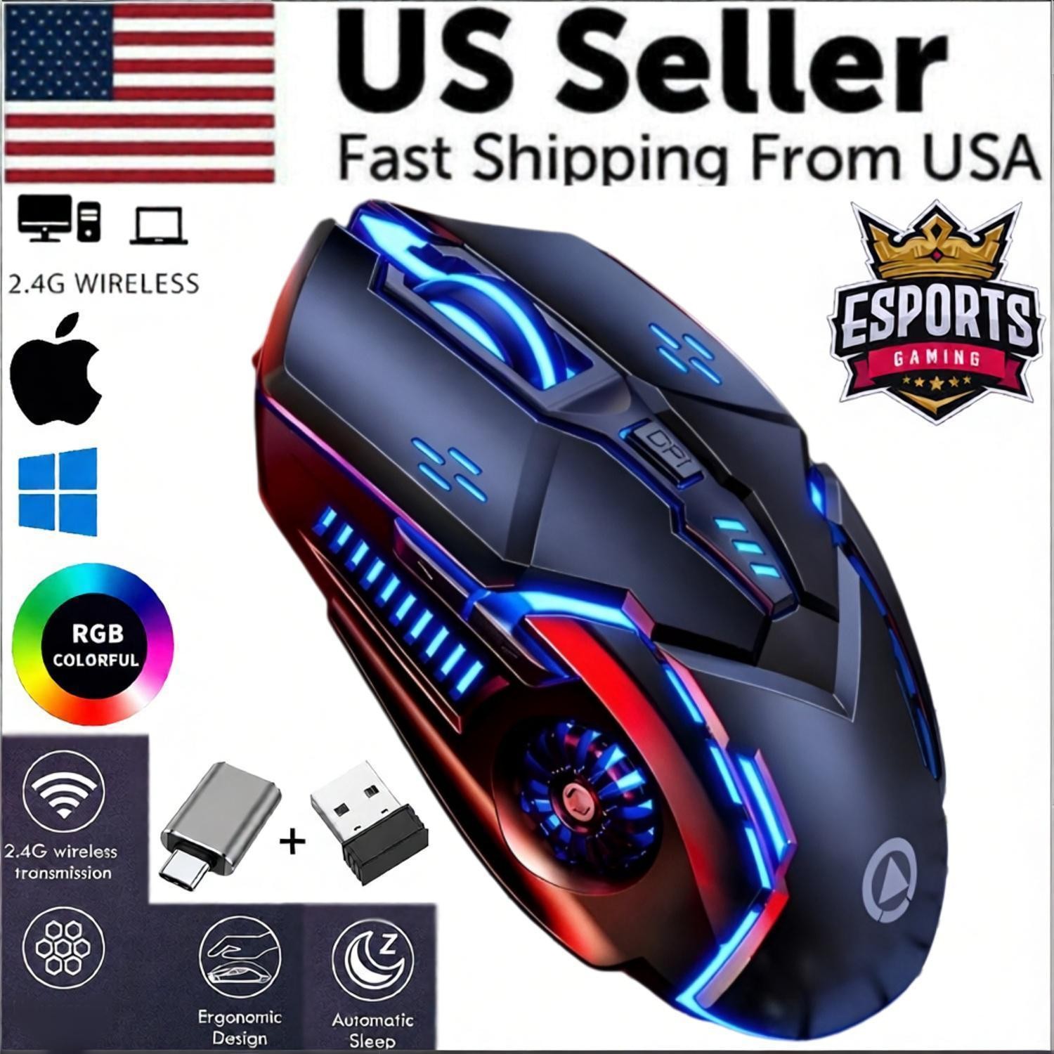Wireless Mouse Gaming Rechargeable Optical Mouse Cordless 7 Color LED Backlit PC