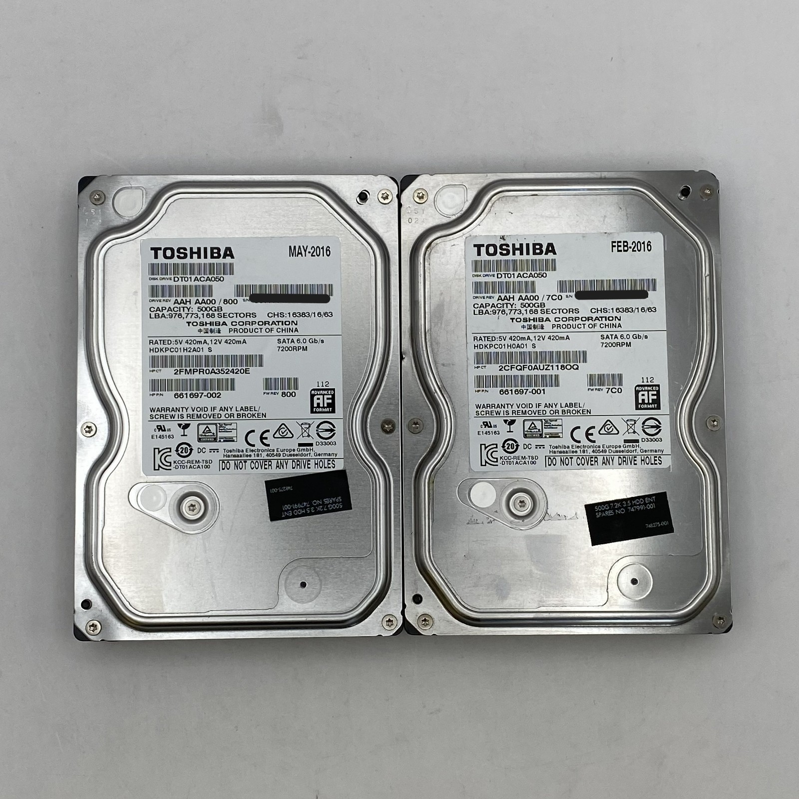 (Lot of 2) Toshiba 500GB 3.5" SATA HDD DT01ACA050 HP 747991-001 Good Health