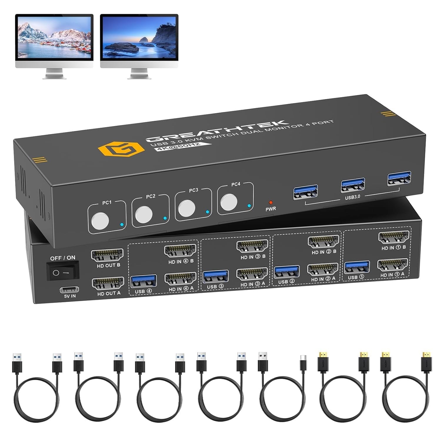 GREATHTEK 4K@60Hz KVM Switch 4 Port Dual Monitor HDMI 3 USB 3.0 7415H2-0513