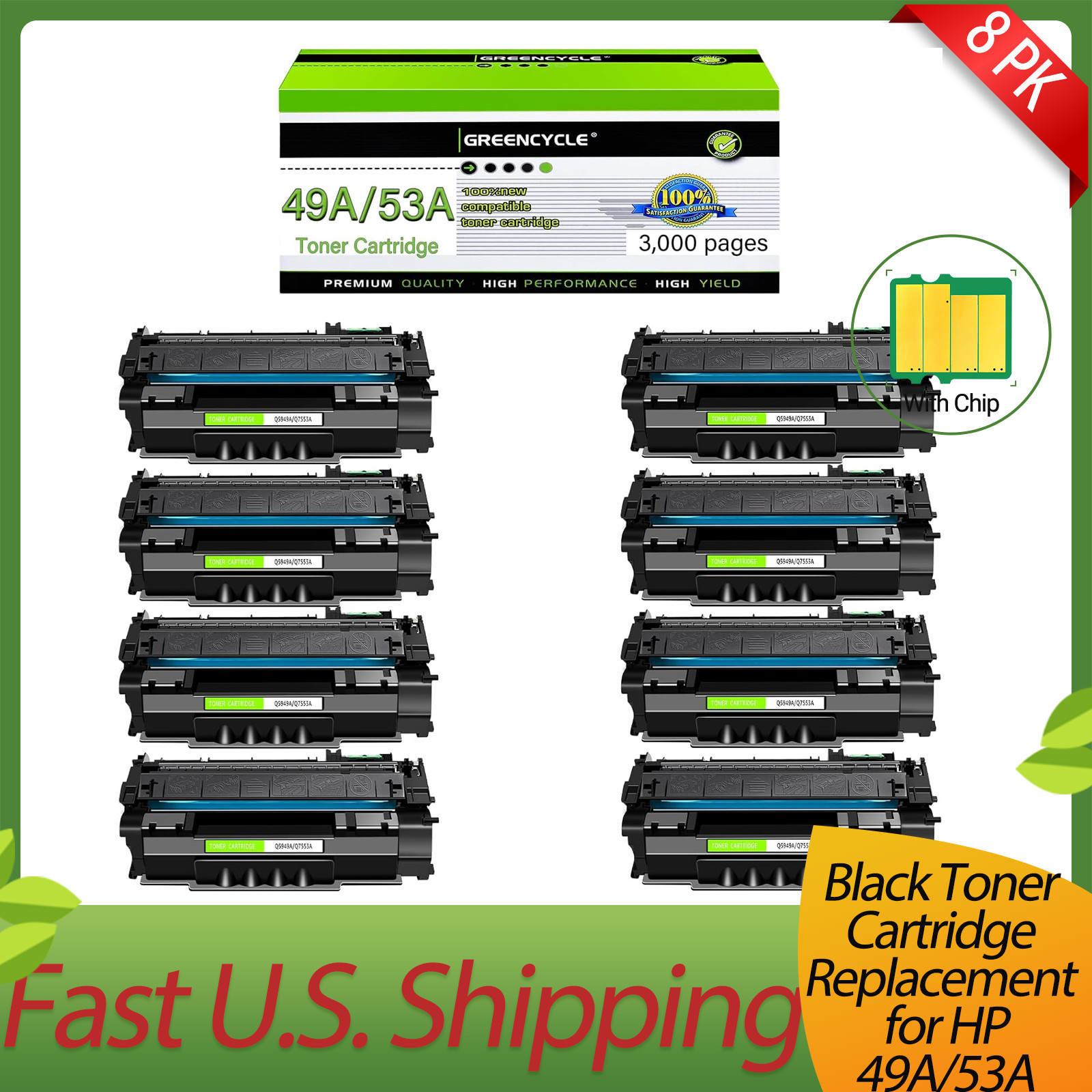 8PK Q5949A/ Q7553A Black Toner Cartridges Work with LaserJet 1320n P2015 P2015dn